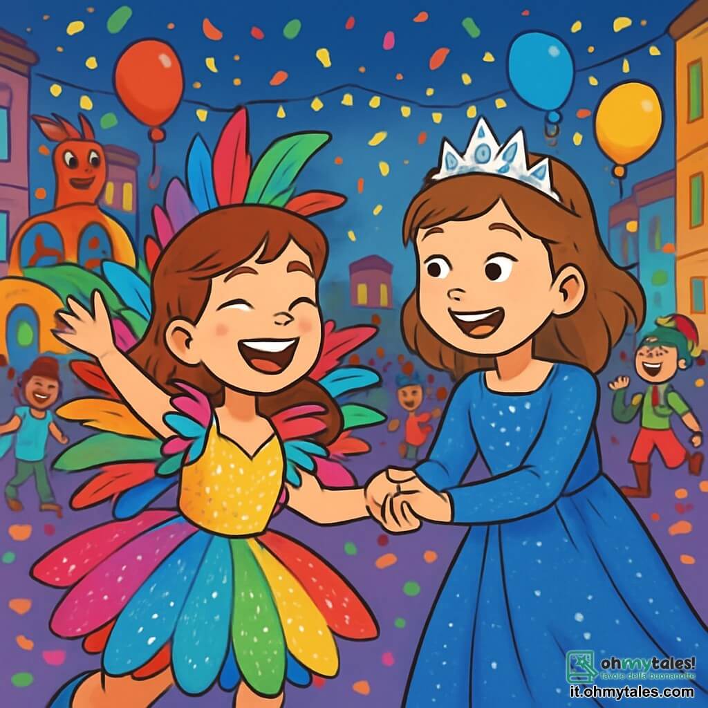 Una ragazza di 12 anni, di nome Giulia, brilla di gioia con un grande sorriso sul volto. Indossa un costume flamboyant di Meraviglia, fatto di tulle arcobaleno, paillettes scintillanti e piume colorate. I suoi occhi brillano di eccitazione mentre danza in mezzo alla folla. Accanto a lei, la sua migliore amica Amina, anch'essa di 12 anni, è travestita da regina dei sogni, con un abito scintillante e una tiara luccicante. Ride tenendo la mano di Giulia, condividendo questo momento magico. Sullo sfondo, il carnevale si estende in una strada animata, piena di carri colorati, luci scintillanti e palloncini fluttuanti. Bambini in costumi vari ballano e giocano, mentre coriandoli volano nell'aria, creando un'atmosfera festosa e gioiosa. La scena cattura il momento in cui Giulia e Amina si preparano a unirsi al grande corteo del carnevale, circondate da risate e musica, simboleggiando l'amicizia e la magia del momento.