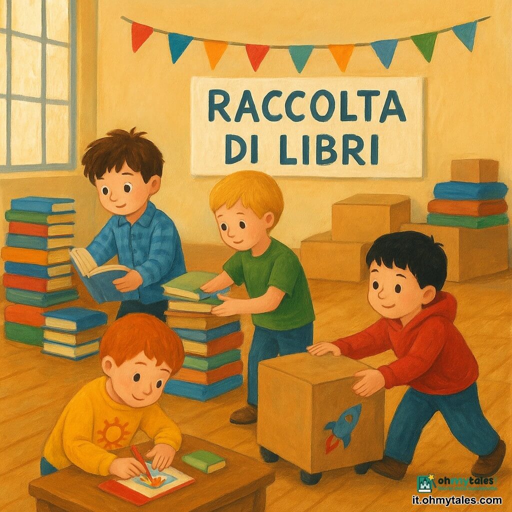 Ci sono quattro bambini di circa 7 anni: Matteo, capelli castani spettinati, occhi nocciola, camicia a quadri blu, tiene un piccolo agenda aperto e prende un libro; Luca, capelli biondi corti, maglietta verde, sistema con cura libri fragili in cima a una pila; Samuele, capelli rossi, maglione giallo con un sole, disegna un'etichetta colorata con una matita rossa; Nico, capelli neri, felpa rossa, spinge una piccola cassa di cartone come un camion con un adesivo a razzo. Luogo: una grande palestra scolastica con pareti beige, luce morbida da ampie finestre a sinistra, pavimento in parquet lucido, tavoli, scatole colorate e decorazioni festive; su un cartello dipinto a mano c'è scritto "Raccolta di libri". Situazione: i quattro organizzano una raccolta di libri — pile di volumi aperti e chiusi, scatole pronte per essere caricate, etichette fatte a mano, gesti collaborativi e sorrisi; atmosfera calda e dinamica, resa in stile pittorico a gouache con texture di pennello e colori morbidi e saturi.