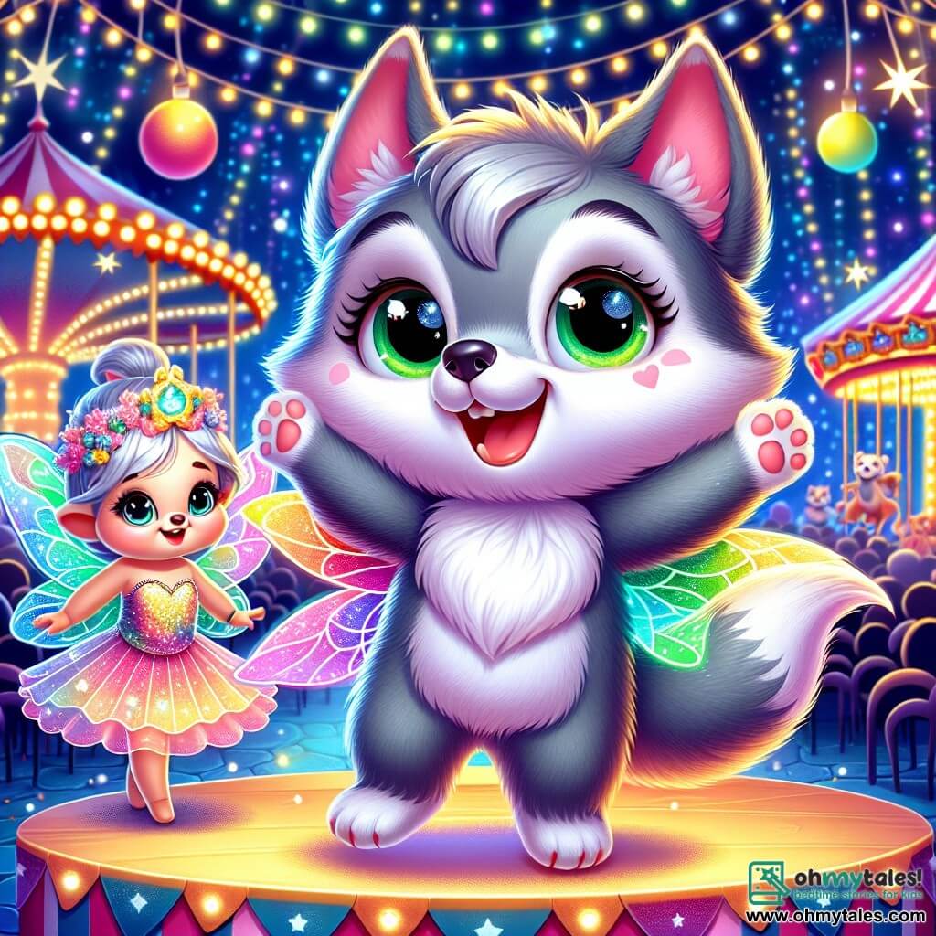A little wolf named Lenny, with soft gray fur, sparkling curious eyes, and a big joyful smile, dances on a carnival stage, wearing a colorful mask that shines under the twinkling lights. Next to him, a small fairy named Twinkle, with shimmering translucent wings and a dress made of flower petals, proudly smiles, floating slightly above the ground. In the background, the park is filled with colorful game stalls, floating balloons, and a lit carousel, creating a festive and magical atmosphere. Lenny enthusiastically sings on stage, surrounded by laughter and applause, while stars shine in the night sky, adding a touch of magic to this joyful celebration.