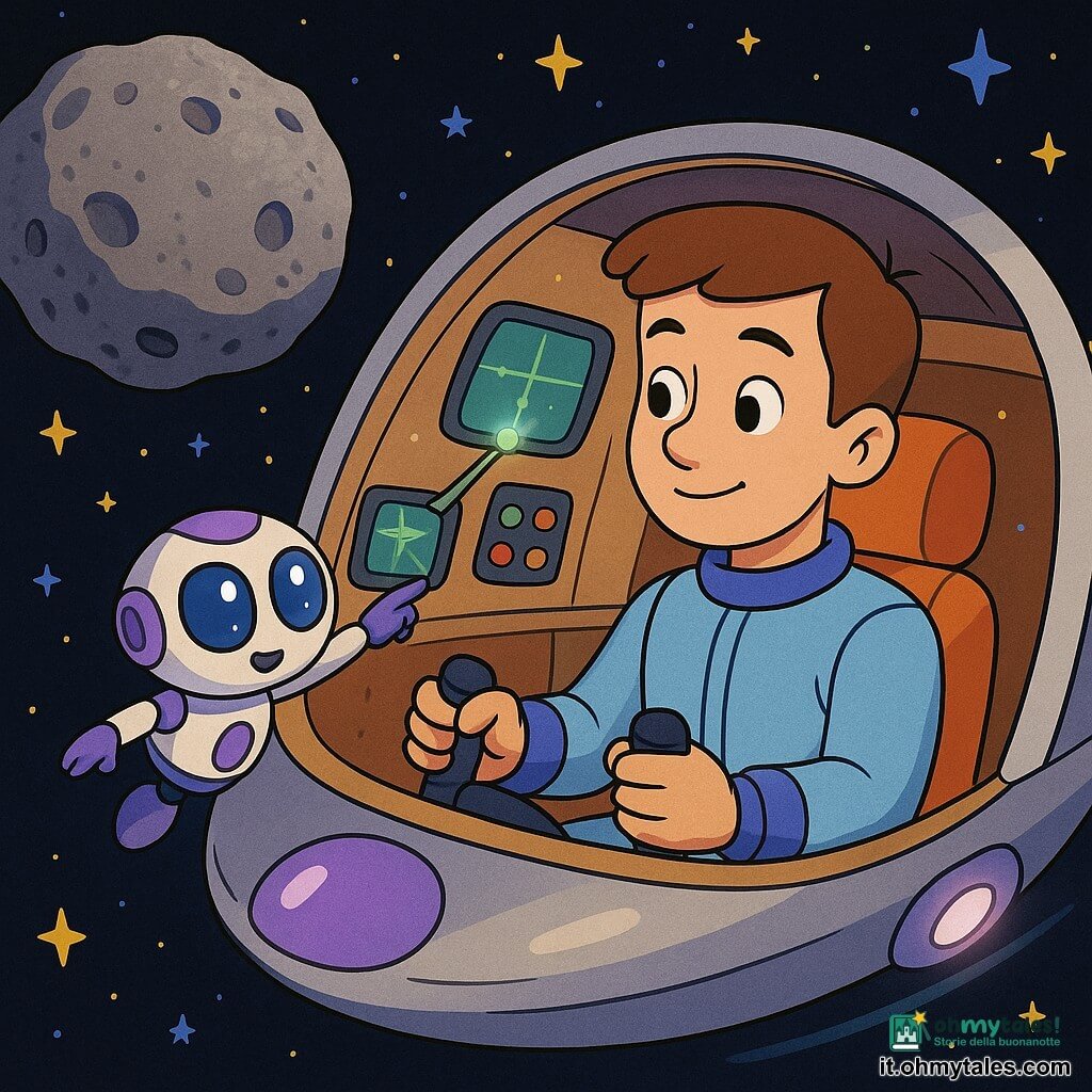 Pilota Leo, volto dolce, sorriso calmo, occhi marroni, capelli corti castani, in tuta spaziale azzurro chiaro con banda viola, impugna il controllo e guarda avanti con tranquilla sicurezza; il robot Pip, piccolo e rotondo, occhi azzurri brillanti, corpo bianco e viola, fluttua al pannello e indica con un'antenna la rotta; la navetta Lilla, piccola e lucente a forma ovale, luce violetta laterale, interni caldi con display semplici; nello spazio nero punteggiato di stelle e un grande asteroide grigio craterizzato che passa lentamente, la Lilla sterza dolcemente a sinistra per evitarlo lasciando scie luminose, Leo appare concentrato e sereno, Pip segnala la traiettoria con una luce verde.