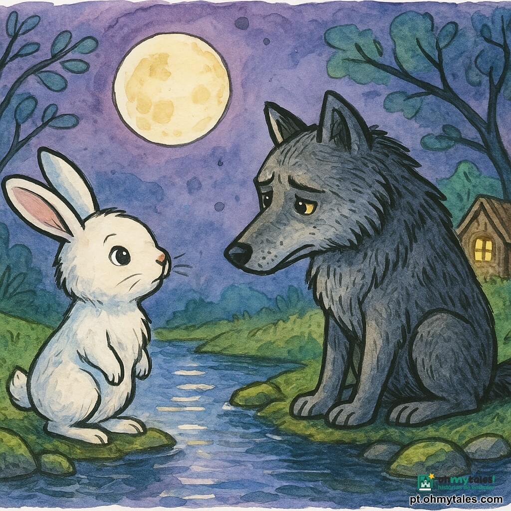 A personagem principal é uma pequena coelhinha branca chamada Lila, pelo macio, olhos redondos e brilhantes, expressão determinada e doce, em pé sobre as patinhas com uma orelha levemente dobrada, olhando para o lobo; o personagem secundário é um grande lobo cinza de pelo espesso com riscas pretas, olhos âmbar um pouco tristes, postura curvada e hesitante, sentado à margem do riacho em frente a Lila com a cabeça inclinada; ao fundo à direita vê‑se uma casinha de madeira minúscula com uma janela iluminada e um pão no parapeito, símbolo protetor; o cenário é a margem de um pequeno ribeiro na floresta, água espelhada refletindo a lua, pedras cobertas de musgo e árvores de folhas estilizadas sob um céu violeta suave; situação: Lila fala suavemente com o lobo à beira da água, confronto calmo e sensível à luz da lua, atmosfera terna e ligeiramente inquieta, foco nos seus olhares cruzados.