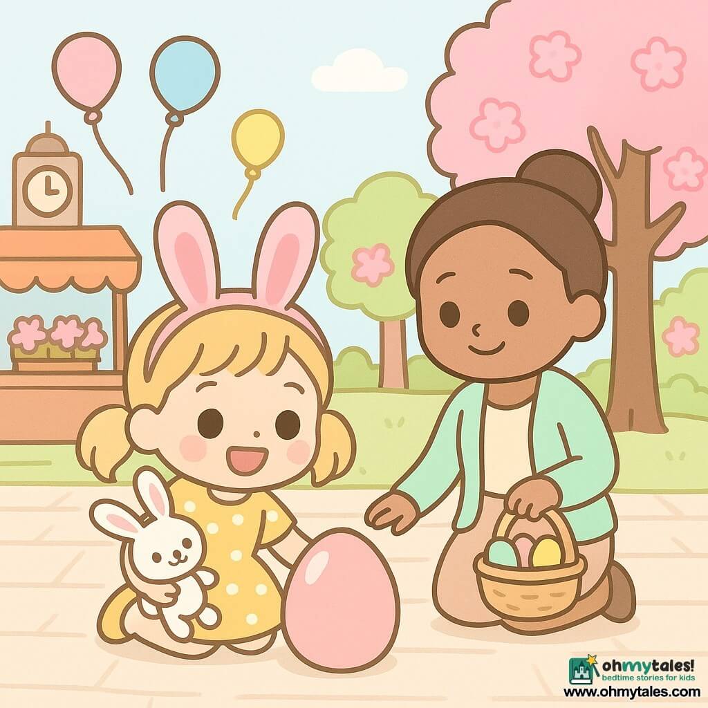 A joyful 2-year-old girl with bright round eyes, a wide smile and blonde pigtails wearing pink bunny ears and a yellow polka-dot dress kneels holding a small stuffed bunny as she discovers a large glowing egg at the base of a flowering tree in a spring town square; her mother, about 32, hair in a bun and wearing a pastel jacket, stands slightly behind holding a small basket of colored eggs and watching kindly; soft morning light, pastel colors, smooth textures and rounded shapes, clear centered composition child-friendly.