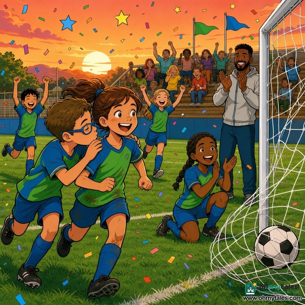 Mia, about 10, joyful and breathless, brown hair in a ponytail, green-and-blue jersey stained with grass, smiles widely as she watches the ball in the goal; Sam, about 10, short hair and sports glasses, runs beside her admiringly and kisses her shoulder; Rosa, about 10, goalkeeper with braided black hair, kneels by the goal smiling and clapping; Coach Blake stands on the sideline in a light jacket, hands raised in proud applause; the small neighborhood field has green grass with white lines, a white goal with a slightly moving net, wooden stands with a few colorful families, low bleachers, flags and an orange sunset sky; the ball is in the net with the net moving, confetti and small graphic stars in the air, players jumping and applauding with exuberant expressions and warm evening light.