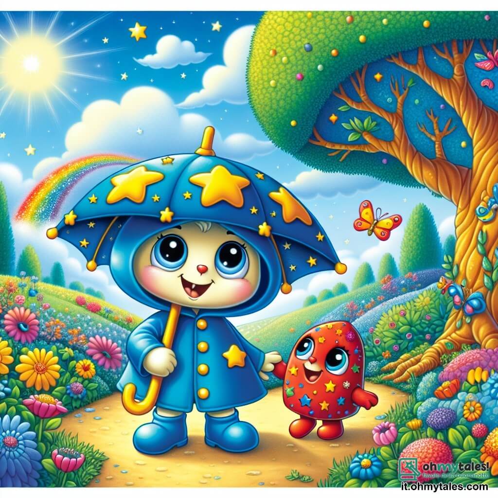 In un giardino colorato, un piccolo ombrello di nome Ombrellino, blu con stelle gialle, è gioiosamente aperto, mostrando un grande sorriso. Si trova al centro dell'immagine, con i bordi leggermente curvati dal vento, pronto a vivere una nuova avventura. Accanto a lui, la sua migliore amica, una piccola pallina di tessuto colorato, rotola con entusiasmo. È rossa con motivi multicolori e sembra ridere, con gli occhi scintillanti di gioia mentre si lancia verso Ombrellino. Lo sfondo è un giardino incantevole, pieno di fiori vivaci, farfalle che danzano e un grande albero maestoso. Il cielo è blu brillante, punteggiato da alcune nuvole bianche. La scena rappresenta Ombrellino e Pallina, pronti a esplorare una collina misteriosa, con un arcobaleno scintillante che appare dopo una leggera pioggia, simboleggiando l'amicizia e la magia della loro avventura insieme.