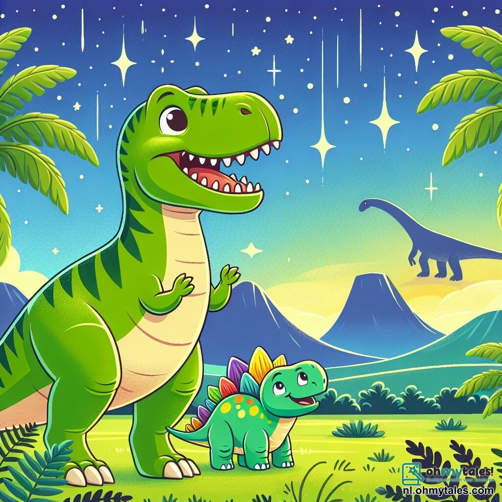 Een grote Tyrannosaurus Rex, met een groene huid en glanzende schubben, staat in het midden van het beeld met een uitdrukking van opwinding en nieuwsgierigheid. Zijn kleine armen zijn omhoog, alsof hij naar iets interessants wijst. Naast hem kijkt een kleine Stegosaurus, met kleurrijke platen op zijn rug en een blije uitdrukking, naar de lucht, klaar om zijn vriend te helpen. De achtergrond is een uitgestrekte prehistorische vlakte, bezaaid met grote varens en verre bergen onder een fonkelende sterrenhemel, wat een magische sfeer creëert. In de verte tekent de schaduw van een Diplodocus zich af, wat een vleugje mysterie aan de scène toevoegt. De hoofdactie toont Rex en Stegosaurus die op zoek zijn naar de legendarische Dino, met heldere sterren boven hen, die hun zoektocht naar avontuur en vriendschap symboliseren.