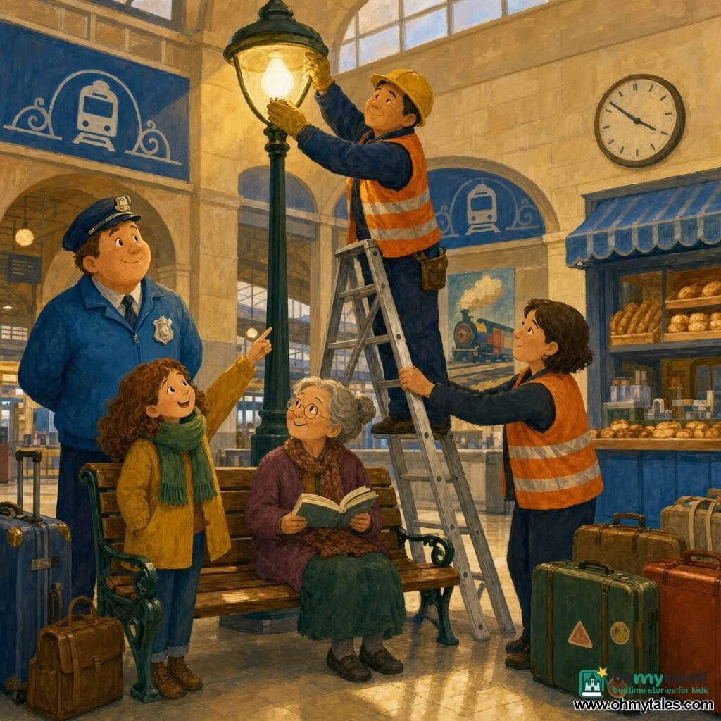 A smiling, kind agent Sam with a round face, short brown hair, bright blue jacket with a silver badge and navy cap stands slightly leaning with hands behind his back, proudly looking at a lit lamp. Mia, about 8, with curly light-brown hair and a thick green scarf, stands by a bench to Sam’s left, pointing at the lamp and smiling with relief. An elderly grandmother, about 70, gray hair in a bun, small, sits on the bench next to Mia holding an open book and looking at the lamp gratefully. Mr. Lee, about 40, tanned, wearing a yellow hard hat and orange vest, stands on a tall ladder near the top center changing the streetlamp bulb; Ms. Rose, about 35 with short hair and an orange vest, steadies the ladder at its base to his right. The scene is a bright train waiting room with varnished wooden benches, warm beige tiles, blue train signs, small shops and a bakery stall in the background, suitcases and colorful posters on the walls. The newly replaced lamp above the bench emits a soft golden light that illuminates the faces; mood is cooperative, calm, reassuring rescue scene, painted in warm gouache textures with visible brushstrokes, washes and soft outlines.