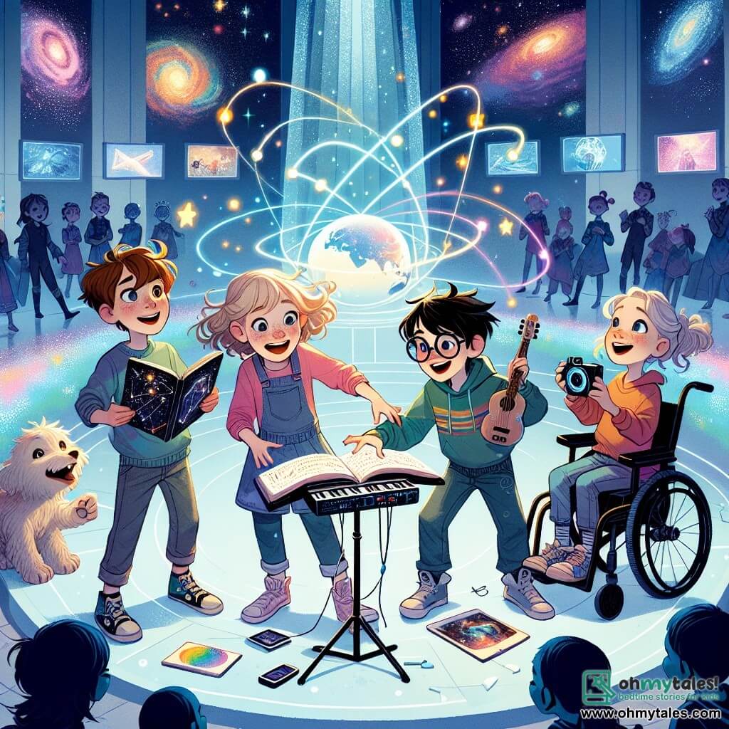 In a large, bright hall on the planet Halyx, four children stand together, amazed. Milo, an 11-year-old boy with messy brown hair and round glasses, holds an open book of constellations, his eyes shining with curiosity. Emma, an 11-year-old girl with curly blonde hair, leans over a small synthesizer, her hands dancing on the keys, creating a joyful melody. Sam, an 11-year-old boy with black hair and glasses, is drawing in a notebook, focused and smiling. Lila, an 11-year-old girl in a wheelchair, smiles while holding a holographic camera, ready to capture the moment. The hall is decorated with colorful walls adorned with star and floating cloud patterns. Iridescent-skinned Halyxians with changing eyes surround them, all curious and attentive. The main scene shows the children sharing their cultures with the Halyxians, exchanging symbolic objects from their worlds, in an atmosphere of joy and wonder, where music and art blend in an intergalactic celebration.