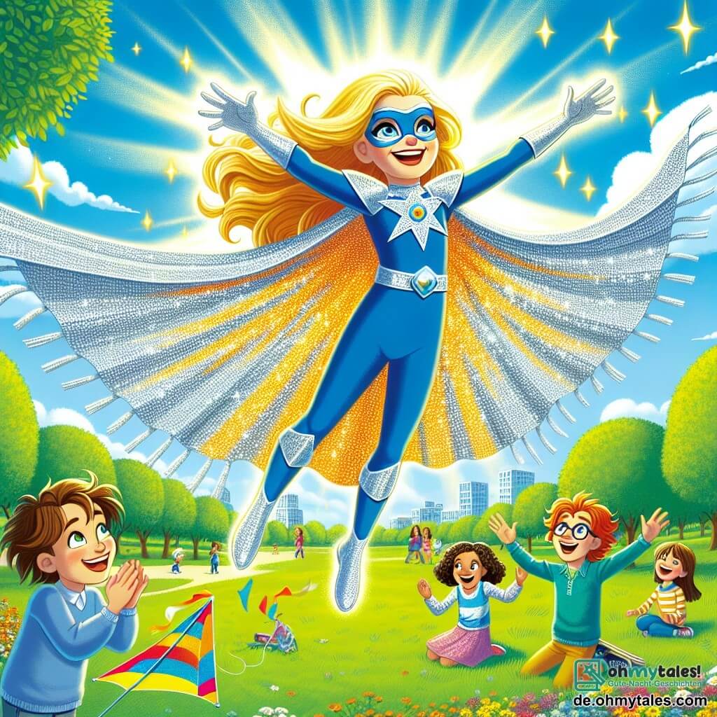 Im Zentrum des Bildes befindet sich Sternenstrahl, eine Superheldin mit langen, goldenen Haaren, die wie Sonnenstrahlen glänzen. Sie trägt ein funkelndes, blau-silbernes Kostüm, und ihr Gesicht strahlt Freude und Entschlossenheit aus. Sie fliegt über einen Park, die Arme weit geöffnet, mit einem großen Lächeln, umgeben von kleinen, funkelnden Sternen. Zu ihren Füßen steht eine Gruppe von drei Kindern. Ein 8-jähriger Junge mit Brille und zerzausten braunen Haaren schaut bewundernd zu Sternenstrahl und hält einen bunten Drachen in der Hand. Ein 7-jähriges Mädchen mit roten Haaren und Sommersprossen hebt die Arme in die Luft und lacht vor Freude. Ein anderer Junge, 6 Jahre alt und mit blauer Mütze, klatscht begeistert, seine Augen leuchten vor Aufregung. Der Ort ist ein grüner Park, gefüllt mit bunten Blumen und majestätischen Bäumen, unter einem klaren blauen Himmel mit weißen, flauschigen Wolken. Kinder spielen auf dem Gras, und Familien spazieren, was eine fröhliche und lebhafte Atmosphäre schafft. Die Hauptsituation zeigt Sternenstrahl, die über den Park fliegt und den Kindern, die sie mit Staunen beobachten, Freude und Magie bringt, und verdeutlicht so die Bedeutung von Freundschaft und Hilfe für andere.