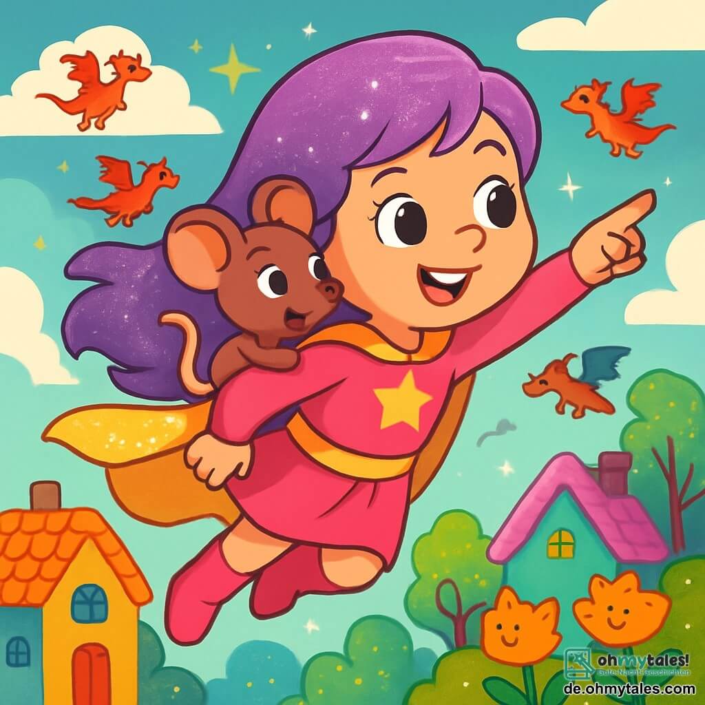 Super-Lila, eine Frau mit schimmernden lila Haaren und einem strahlenden Lächeln, schwebt fröhlich in der Luft, ihr glitzernder Umhang weht hinter ihr. Sie hat funkelnde Augen voller Entschlossenheit und scheint bereit, eine Herausforderung anzunehmen. An ihrer Seite schaut Mimmi, eine kleine braune Maus mit großen Ohren, neugierig zu, ihre Augen leuchten vor Aufregung, während sie auf Super-Lilas Schulter sitzt. Die Szene spielt in einer magischen Stadt, wo bunte Häuser mit Zuckerdächern unter einem bewölkten Himmel stehen und Bäume mit leuchtenden Blättern im Licht funkeln. Kleine Drachen fliegen umher, während katzenförmige Blumen sanft schwingen. Super-Lila und Mimmi suchen die Quelle der Dunkelheit, die die Sonne am Scheinen hindert. Super-Lila scannt den Horizont mit konzentriertem Blick, während Mimmi mit ihrem kleinen Pfötchen in eine Richtung zeigt, bereit, ihrer Freundin bei diesem leuchtenden Abenteuer zu helfen.