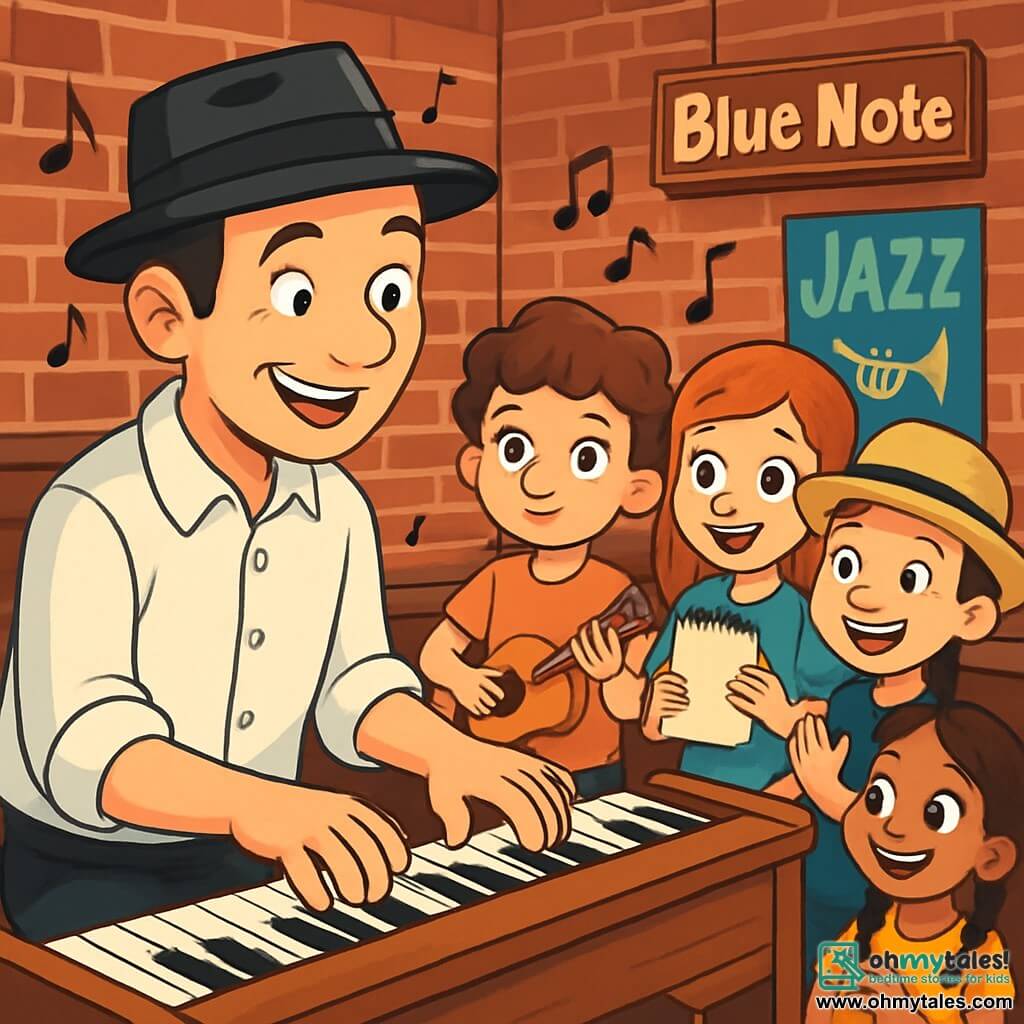 A man named Charlie is sitting at the piano, with a warm smile and sparkling eyes. He wears a black fedora and a white shirt, his fingers dancing on the shiny keys of the wooden piano. Next to him, a group of four children, two boys and two girls, aged about 8 to 10, are gathered around him. The curly-haired boy, with a curious look, holds a small guitar, while the bright-eyed girl, with a notebook in hand, observes intently. The other boy, wearing a straw hat, claps his hands to the rhythm of the music, and the girl with braided hair smiles enthusiastically. The scene takes place in the Blue Note Jazz Club, a cozy place with red brick walls, dim lights, and round wooden tables, creating an intimate and welcoming atmosphere. Music notes float in the air, and concert posters adorn the walls. The main situation shows Charlie teaching the children how to play music together, each expressing contagious joy as they create a harmonious melody filled with laughter and energy.
