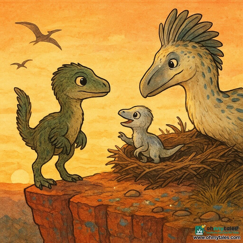 A young velociraptor named Ruby, alert and gentle with short pebble-gray feathers with green sheens, bright eyes and a proud yet protective stance, stands at the cliff edge looking toward a tiny being, tail raised and neck feathers slightly ruffled; a silver hatchling called Hatch, tiny with pale down and a shiny silver stripe on his back, curious and joyful, perches on the nest rim tapping his foot against the rock while looking at Ruby; Mira, a large cream-feathered female with blue spots and a broad fan crest, stays in the twig nest behind Hatch with her muzzle near the chick, calm and welcoming; the red lichen-streaked clifftop is narrow with wind-blown grass and scattered glowing moon-crumbs, a golden sunset horizon and distant pterosaur silhouettes; main scene: a warm reunion at sunset—Ruby finding a home, Hatch calling affectionately, Mira welcoming—soft, luminous, hopeful atmosphere; visual style: colored ink, clean lines, visible feather textures, warm contrasts (oranges, reds) with cool silver/blue accents.