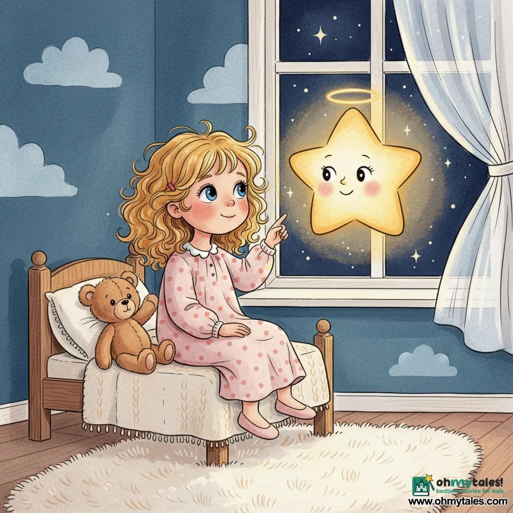 A 2-year-old girl with big bright eyes and a delighted smile, curly blond hair, in a soft polka-dot nightgown, sits on the edge of a wooden bed pointing a finger toward the sky through the window; a round anthropomorphic glowing star smiles gently, emits a golden halo and floats to the right of the girl near the window as if whispering; a small brown teddy bear lies on the blanket with a raised paw; the cozy bedroom has midnight-blue walls with cloud paintings, a cream knit blanket, a fluffy rug and a light curtain billowing; the scene captures a peaceful, poetic magical moment with soft light contrasting the dark and fine ink strokes with warm wash colors.