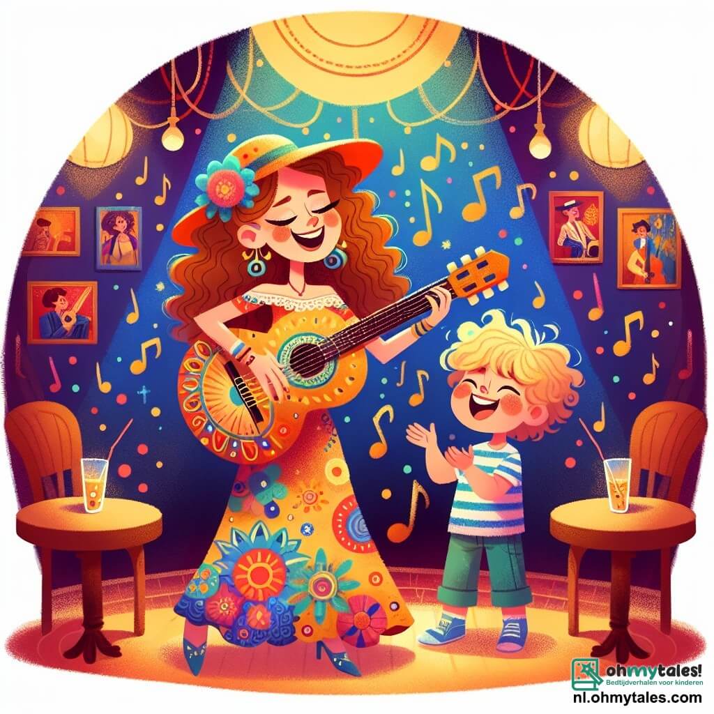 Een vrouw genaamd Eva, de zangeres, staat centraal in de afbeelding. Ze heeft lange, krullende haren en draagt een kleurrijke jurk versierd met muzikale motieven. Haar gezicht straalt van vreugde terwijl ze gitaar speelt, met fonkelende ogen van blijdschap. Naast haar staat een klein jongetje genaamd Tim, ongeveer 7 jaar oud, die met bewondering kijkt. Hij heeft rommelige blonde haren en draagt een gestreept t-shirt. Tim klapt in zijn handen op de maat van de muziek, met een grote glimlach op zijn gezicht. De scène speelt zich af in een gezellig jazzclub, met muren versierd met levendige schilderijen van muzikanten. Ronde houten tafels staan rondom en zachte lichten creëren een uitnodigende sfeer. Eva en Tim zingen samen een vrolijk lied over zonneschijn, omringd door zwevende noten in de lucht, die de magie van de muziek symboliseren die hen verbindt.