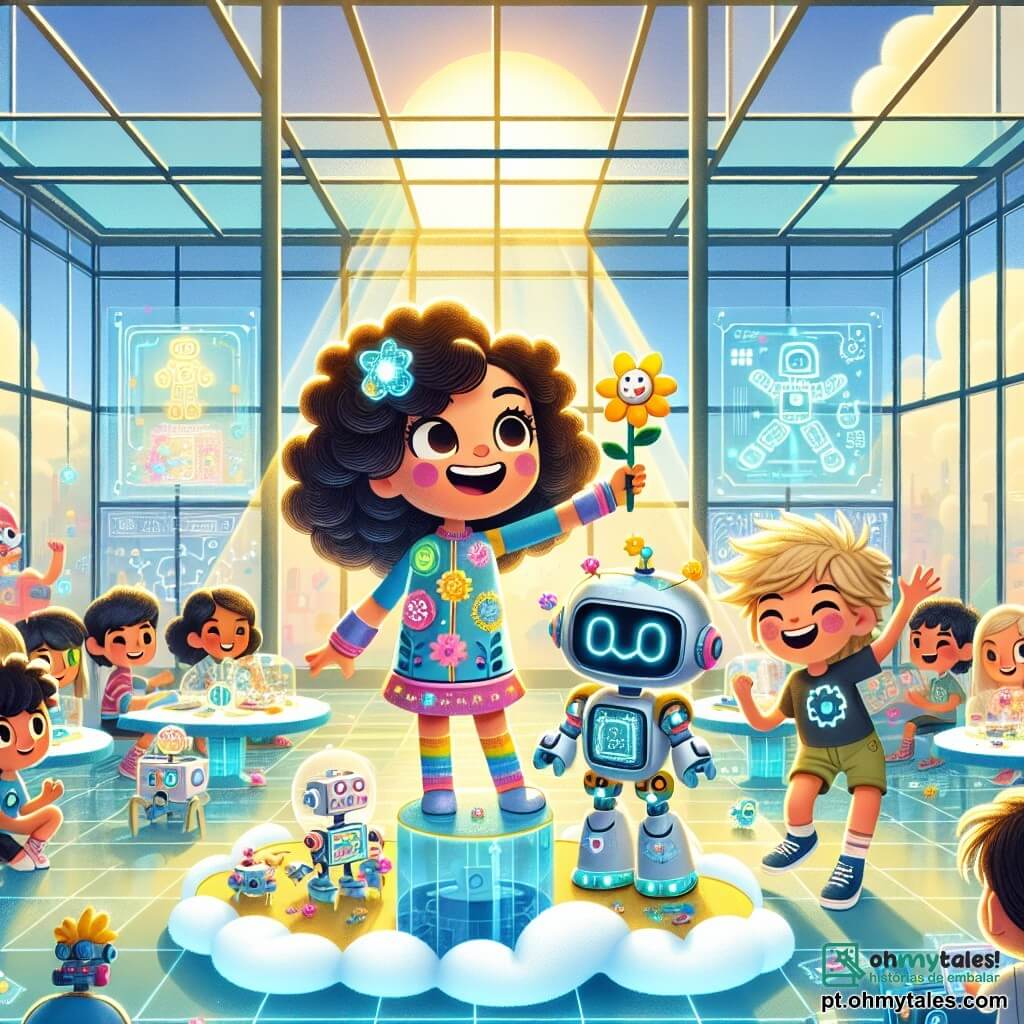 Uma menina de 10 anos, Lúcia, com cabelos castanhos e cacheados, olhos grandes cheios de curiosidade, está no centro do palco, um sorriso radiante iluminando seu rosto. Ela usa uma combinação colorida, adornada com padrões futuristas, e segura um pequeno robô em forma de flor nas mãos, observando maravilhada seu funcionamento. Ao seu lado, Max, um garoto de 10 anos com cabelos loiros bagunçados e uma camiseta com estampas de robôs, ri alegremente enquanto mostra seu próprio robô dançante, que faz movimentos divertidos. O cenário é de uma escola futurista, com paredes de vidro transparente e telas holográficas exibindo projetos de invenções. Mesas em forma de nuvem estão espalhadas, cercadas por crianças que trabalham em criações tecnológicas, enquanto uma grande janela deixa entrar a luz do sol, iluminando o espaço. A situação principal mostra Lúcia e Max em uma competição de robôs, cercados por outras crianças entusiasmadas, todos cativados pelas performances de suas criações. A atmosfera é alegre e dinâmica, cheia de cores vibrantes e energia criativa.