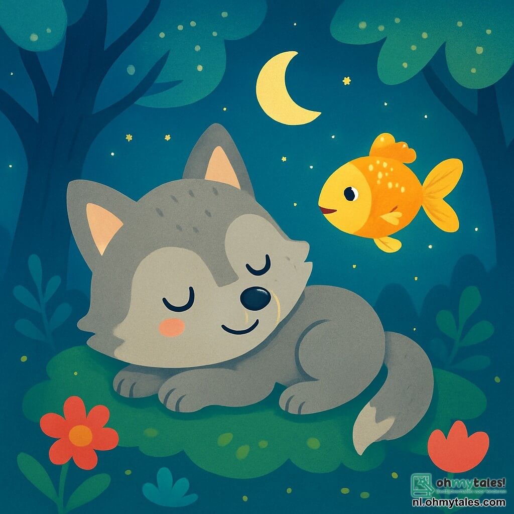 Een kleine wolf met zachte, grijze vacht, grote glanzende ogen en een vredige glimlach ligt op een bed van groene mos, met gesloten ogen en een serene uitdrukking op zijn gezicht. Naast hem zwemt een kleine gouden vis, die onder het licht schittert, zachtjes door de lucht met een blije en ondeugende uitdrukking, alsof hij de wolf uitnodigt om hem te volgen. De achtergrond is een betoverd bos, verlicht door zacht maanlicht, met bomen met glinsterende bladeren en kleurrijke bloemen die langzaam opengaan. De scène straalt een sfeer van rust en magie uit, waar de wolf en de vis in een dromerige ambiance zweven. De kleine wolf valt vredig in slaap, gewiegd door de verhalen die de nacht fluistert, terwijl de vis om hem heen danst, wat een sfeer van sereniteit en geluk creëert.