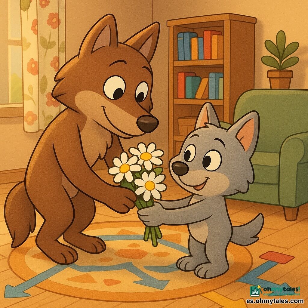 El personaje principal es un pequeño lobo gris claro de pelaje suave y ojos brillantes que, de puntillas, ofrece un ramo de margaritas blancas y flores amarillas; la madre, una loba marrón de pelaje cuidado y sonrisa tierna, con ojos humedecidos de felicidad, se inclina para tomar el ramo con un brazo alrededor del pequeño junto a un gran sillón. El salón es acogedor: suelo de parquet claro, alfombra redonda de motivos geométricos, estanterías con libros coloridos y una planta, luz suave por una ventana con cortina floral; el suelo tiene cintas adhesivas de colores (amarillo, azul, verde, rojo) formando un recorrido con flechas y pequeñas estaciones señaladas por cuadrados rojos. La madre sigue el camino de cintas hasta las sorpresas; escena tranquila y luminosa, composición clara, colores vivos y contrastados, expresiones legibles, ambiente de ternura y fiesta.