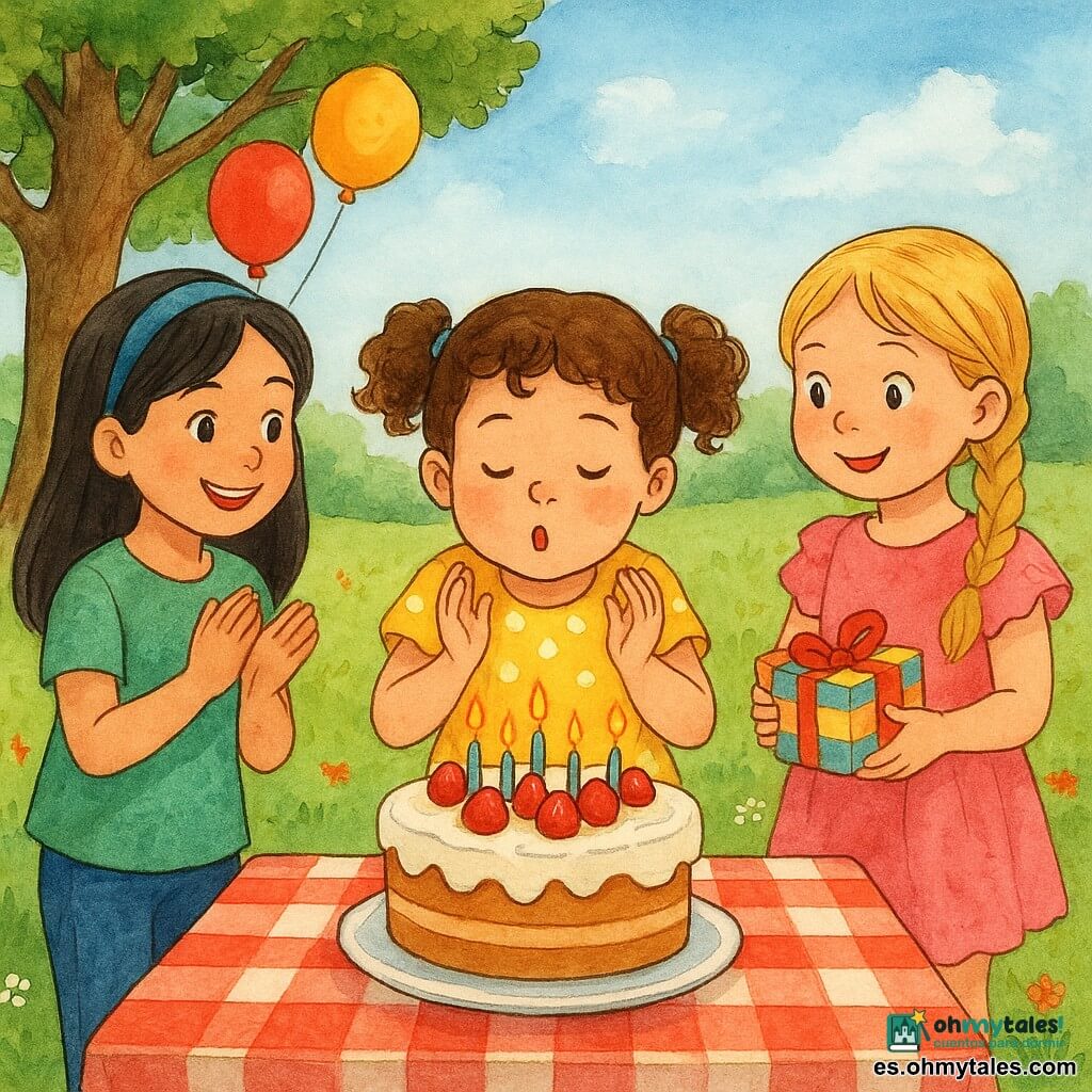 Hay tres niñas: Clara (4 años), pequeña, pelo castaño rizado en coletas, vestido amarillo con lunares blancos, en el centro frente a un pastel con velas, lista para soplar; Luna (5 años), pelo largo y negro con diadema azul, camiseta verde, a la izquierda sonriendo y aplaudiendo; Sofía (4 años), pelo rubio en trenzas, vestido rosa con volantes, a la derecha sosteniendo un pequeño regalo y mirando el pastel. Lugar: jardín soleado con un gran árbol a la izquierda, césped con flores rojas y blancas, una mesa de madera con mantel a cuadros y globos en las ramas, cielo azul suave. Situación: las amigas celebran un cumpleaños; Clara sopla las velas de un gran pastel redondo con crema blanca y fresas, niños fuera de cuadro corren y ríen. Estilo: tinta coloreada, trazos suaves, colores vivos y texturas visibles, ambiente alegre y cálido.