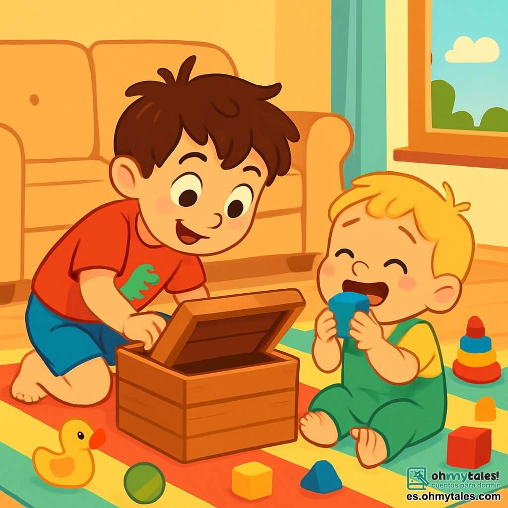 Hay 2 personajes principales: - Lucas: un niño de 5 años, con cabello castaño desordenado y ojos brillantes. Lleva una camiseta roja con un dinosaurio y un pantalón corto azul. Está agachado cerca de una caja de madera, mirando con curiosidad dentro. - Mateo: un niño de 3 años, con cabello rubio y mejillas redondas. Lleva un overol verde y una camiseta amarilla. Está sentado en el suelo, riendo y sosteniendo un bloque de color en sus pequeñas manos. El lugar de la escena es una sala de estar luminosa y acogedora, con un gran sofá suave y una alfombra colorida. Hay juguetes esparcidos por el suelo, y una ventana deja entrar la luz del sol, iluminando la habitación de manera alegre. La situación principal muestra a Lucas y Mateo buscando un tesoro escondido. Lucas mira con emoción dentro de la caja, mientras que Mateo, divertido, intenta morder un bloque de color. Los dos hermanos están rodeados de juguetes y risas, creando una atmósfera lúdica y cálida.