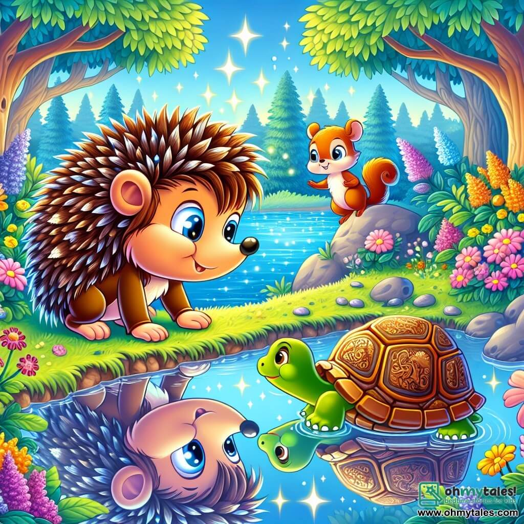A little hedgehog named Harry, with quills shining like stars and sparkling curious eyes, stands at the edge of a magical pond. He has an expression of determination and wonder, ready to discover his courage. Next to him, a cheerful squirrel with reddish fur and a bushy tail hops excitedly, encouraging him to dive into the water. A wise old turtle, with a shell adorned with natural patterns, watches calmly from the shore, a kind smile on his face. The pond sparkles in the sunlight, surrounded by colorful flowers and tall green trees, creating an enchanted atmosphere. In this scene, Harry leans down to look at his reflection in the water, realizing that courage is already within him.