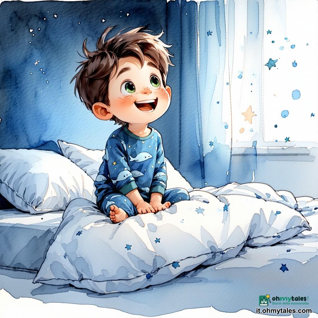 Un bambino di 10 anni sorridente, capelli castani spettinati, occhi verdi, in pigiama blu con balene e stelle argentate, seduto sul bordo del letto che ride tenendosi la pancia; a sinistra un elfo birichino di circa 12 anni capelli biondi corti fa volare un cuscino con gesto teatrale; vicino ai piedi un bimbo rotondetto di circa 8 anni castano tiene una piuma gigante e solletica i piedi; a destra sul materasso una bambina di circa 10 anni coi capelli lunghi intrecciati canta muovendo dolcemente le mani; una fila di quattro pecorelle bianche e soffici—una con occhiali da sole, una con sciarpa a pois, una che balla la samba e l’ultima che annusa una margherita—passeggia sul bordo del letto; una grande peluche luna giallo pallido appoggiata al cuscino sorride ricamato e sembra vegliare sul bambino; la stanza ha pareti blu notte con stelle dipinte, una finestra aperta con una brezza e una stella brillante fuori, tappeto bianco morbido, scaffali con libri e una lucina a forma di nuvola; scena notturna tenera e giocosa con cuscini che fluttuano, creature birichine che provocano risate e il bambino che ride prima di addormentarsi.