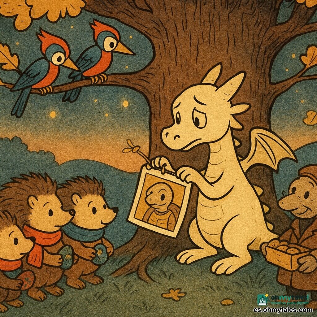 Lumo, un pequeño dragón adulto de escamas crema y alas finas, con expresión dulce y melancólica, sostiene delicadamente una guirnalda de fotos mientras mira un gran roble de tronco rugoso en un valle de hierbas azules; en la guirnalda destaca una foto envejecida de una tortuga y a la izquierda una familia de erizos con bufandas coloridas sostiene piedras pintadas, encima dos pájaros carpinteros rojos y azules observan curiosos y a la derecha un viejo topo de abrigo marrón ofrece una caja de galletas; es una ceremonia simple y tierna al crepúsculo, con hojas doradas, luciérnagas, colores cálidos y texturas de papel y tela.