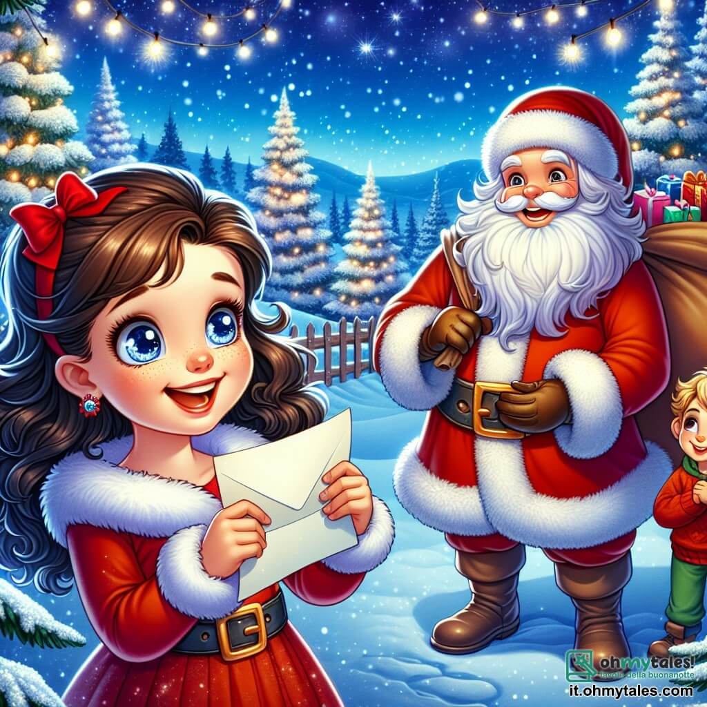 Una bambina di 7 anni, Sofia, con i capelli ricci castani e gli occhi pieni di curiosità, si trova al centro dell'immagine, tenendo una lettera avvolta in un bel fiocco rosso. Il suo viso esprime una gioiosa determinazione mentre guarda con meraviglia un grande uomo gioviale, Babbo Natale, che le sta accanto. Babbo Natale, con la sua lunga barba bianca e il suo costume rosso brillante, sorride calorosamente, tenendo un grande sacco pieno di regali. Vicino a loro, Marco, il migliore amico di Sofia, un ragazzo di 8 anni con capelli biondi e un sorriso malizioso, osserva la scena con entusiasmo, le braccia incrociate sul petto, pronto a vivere questa avventura magica. Lo sfondo è un magnifico paesaggio invernale, con alberi innevati che brillano sotto la luce delle stelle e un cielo blu profondo. Fiocchi di neve cadono dolcemente, aggiungendo un tocco di magia all'atmosfera. La scena principale mostra Sofia e Marco che incontrano Babbo Natale nel bosco incantato, mentre gli consegnano la lettera piena di gentilezza, simboleggiando lo spirito del Natale e l'importanza dell'amicizia.