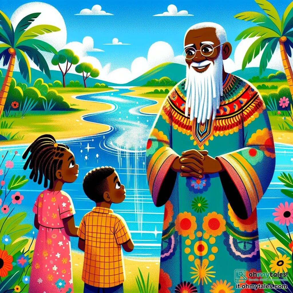 Il personaggio principale, Kofi, è un uomo anziano con una lunga barba bianca e occhi brillanti di saggezza. Indossa una tunica colorata in tessuto africano e sorride calorosamente, tenendo la mano di due bambini che lo ascoltano attentamente. Amina, una donna di circa 30 anni, ha lunghi capelli intrecciati e indossa un vestito vibrante con motivi floreali. Si trova accanto a Kofi, con le braccia incrociate e uno sguardo pensieroso, riflettendo sulle sue parole. Biko, un uomo di circa 40 anni, ha una statura imponente e un volto segnato dalla vita. È leggermente in disparte, osservando Kofi con ammirazione, le mani sui fianchi. La scena si svolge lungo un magnifico fiume dalle acque scintillanti, circondato da palme verdi e fiori colorati. Il cielo è di un blu brillante, punteggiato di nuvole bianche e soffici. La situazione principale mostra Kofi che spiega ai due villaggi come costruire un canale per condividere l'acqua del fiume, simboleggiando unità e cooperazione. I bambini ascoltano con occhi meravigliati, mentre gli adulti iniziano a discutere e pianificare insieme, illustrando l'armonia ritrovata.