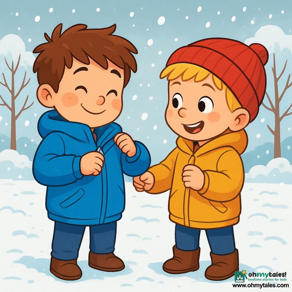 A 6-year-old boy named Tommy stands in a bright blue coat, with a proud and joyful expression on his face. His cheeks are rosy from the cold, and his tousled brown hair adds to his charm. He is focused on zipping up his coat with a slight smile. Next to him, his friend Ben, also 6 years old, has blond hair and is wearing a red beanie. He looks at Tommy with admiration, his eyes shining, while trying to put on his own coat. The scene takes place in a schoolyard, with a thick layer of sparkling snow covering the ground. Snowflakes gently fall from the gray sky, and bare trees stand in the background, their branches adorned with snow. The main situation shows Tommy helping Ben zip up his coat, both laughing and taking careful little steps on the snow, like little penguins, as they prepare to go out and play in the winter cold.