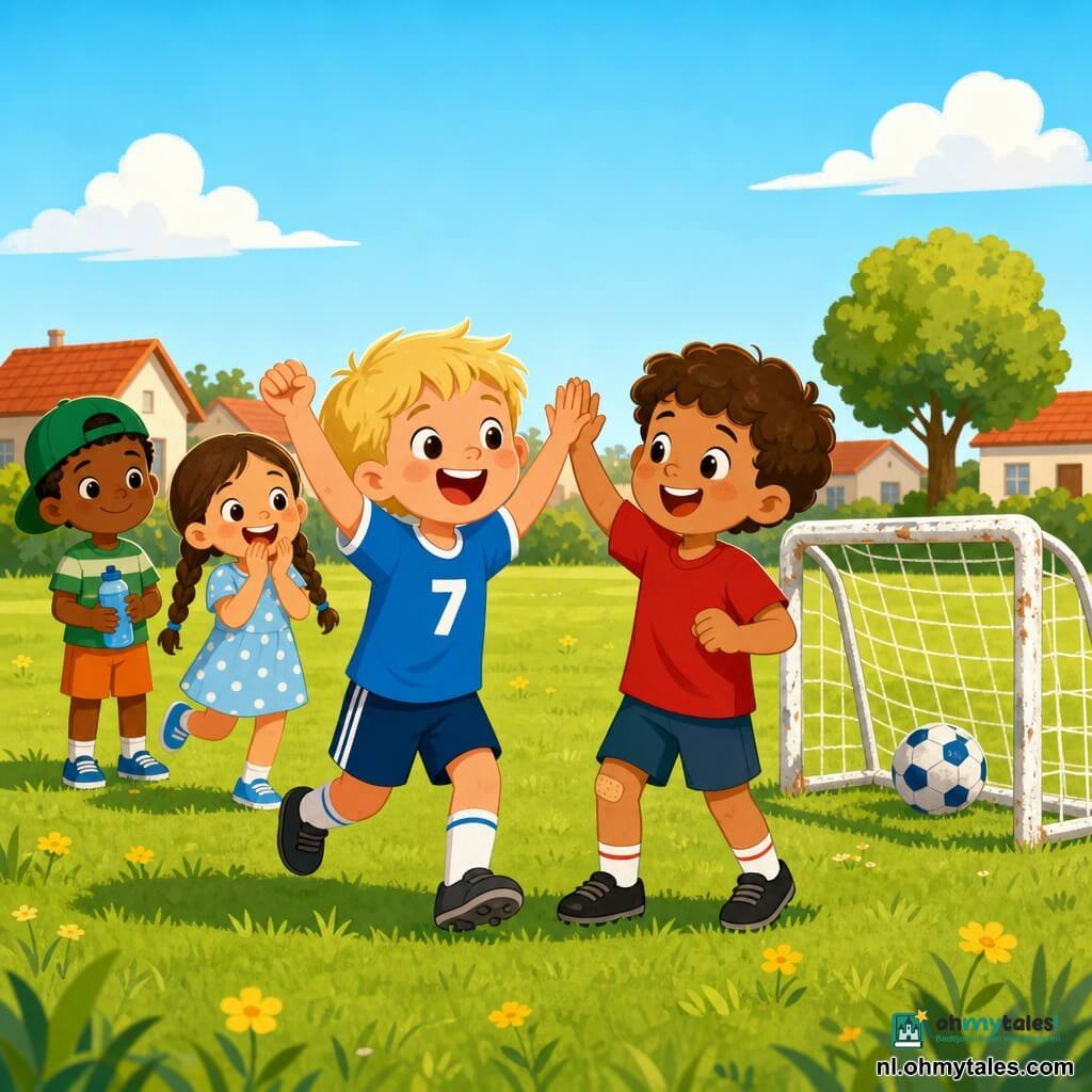 Er zijn vier kinderen: Tim (4) met kort blond haar, ronde wangen en brede glimlach, links op de voorgrond dicht bij het kleine doel met armen omhoog, viert een doel; Niels (4) met licht krullend bruin haar, rood shirt en klein pleistertje op de knie, naast Tim geeft een high five; een meisje (4) met twee lange vlechten en lichtblauwe gestippelde jurk, achter Tim klaar om te rennen en klappend met handen voor de mond; een jongen (4) met groene pet en oranje short en verlegen glimlach, iets achteraan links met een flesje water. Locatie: klein licht begroeid grasveld met wat gele bloemen en een wit metalen doel; op de achtergrond lage huizen met rode daken en een boom, lichtblauwe lucht met wat wolken. Situatie: vreugde na een doel — de witte bal met blauwe motieven ligt in het net; de kinderen lachen en klappen; warme namiddaglicht, felle kleuren en zachte schaduwen.