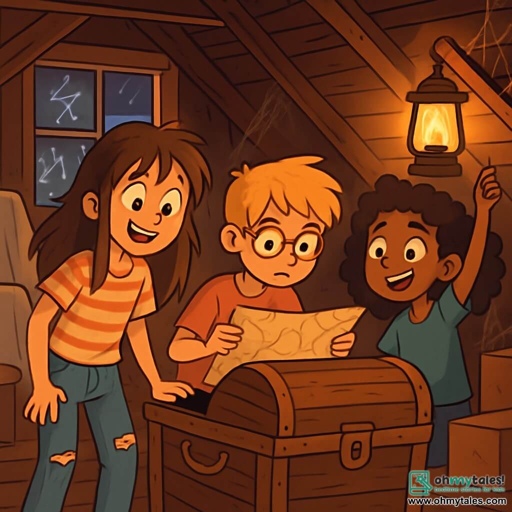 A 12-year-old girl, Emma, with messy long brown hair and sparkling curious eyes, stands in front of an old wooden chest in a dusty attic. She wears a striped t-shirt and ripped jeans, her face expressing excitement mixed with wonder. Next to her, Max, a 12-year-old boy with tousled blonde hair and round glasses, examines an old map with a focused look. Lila, an 11-year-old girl with curly hair and caramel skin, points to a lantern hanging on a shelf, her face illuminated by the soft light filtering through a dusty window. The attic is filled with old furniture covered in white sheets, scattered cardboard boxes, and sparkling cobwebs in the corners. Golden rays of light pierce through the wooden planks, creating a mysterious and magical atmosphere. The main scene shows Emma, Max, and Lila discovering the mysterious chest, eager to unveil its secrets, while flashes of lightning illuminate the sky outside, adding a touch of adventure to their exploration.