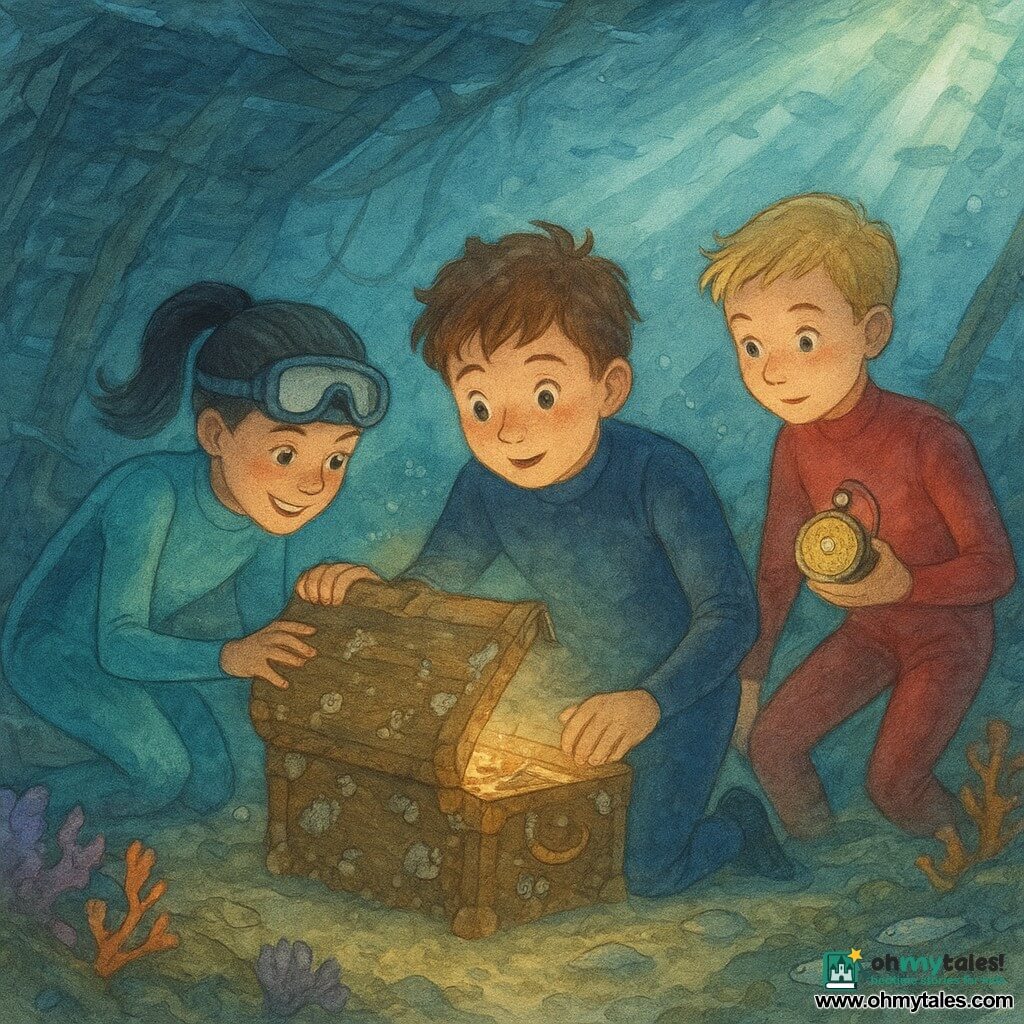 A 12-year-old boy with a round, freckled face and messy brown hair, amazed and focused in a navy wetsuit, leans at the center of a submerged wreck opening an old wooden chest covered in shells; a ~12-year-old girl with a black ponytail and a mischievous smile in a turquoise wetsuit crouches to his left shining the chest interior with a headlamp; another ~12-year-old boy with short blond hair and a cautious, curious expression in a red wetsuit stands slightly back to the right holding a glowing antique compass; the wreck interior shows rotten planks, tangled ropes, sand patches, purple and orange corals, and schools of silver fish with light rays through murky water; the scene captures the dramatic, joyful discovery of ancient treasure in a half-open chest with sand dust forming a luminous cloud, antiquities and an old journal visible, rendered in a soft watercolor style of marine blues and greens with warm gold and rust accents, delicate strokes and grainy textures.
