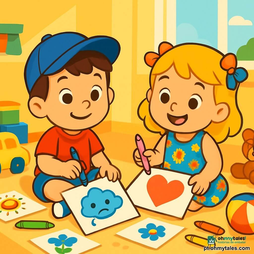 Há 2 personagens principais: - Miguel: um menino de quase 4 anos, com cabelo castanho e olhos brilhantes. Ele usa um boné azul e uma camiseta vermelha. Está sentado no chão, com as pernas cruzadas, segurando um lápis azul na mão. - Sofia: uma menina de quase 4 anos, com cabelo loiro e olhos claros. Ela usa laços coloridos no cabelo e um vestido florido. Está sentada ao lado de Miguel, sorrindo, com um lápis rosa na mão. O local da cena principal é um quarto iluminado, cheio de brinquedos coloridos. As paredes são pintadas de amarelo suave, e uma grande janela deixa entrar a luz do sol. No chão, folhas de papel estão espalhadas, cobertas de desenhos alegres e cores vivas. A cena principal da história mostra Miguel e Sofia desenhando juntos. Miguel desenhou uma nuvem triste com uma lágrima, enquanto Sofia desenhou um grande coração vermelho ao lado. Eles compartilham um momento de cumplicidade, respirando profundamente, cercados por seus desenhos, com sorrisos que começam a iluminar seus rostos.