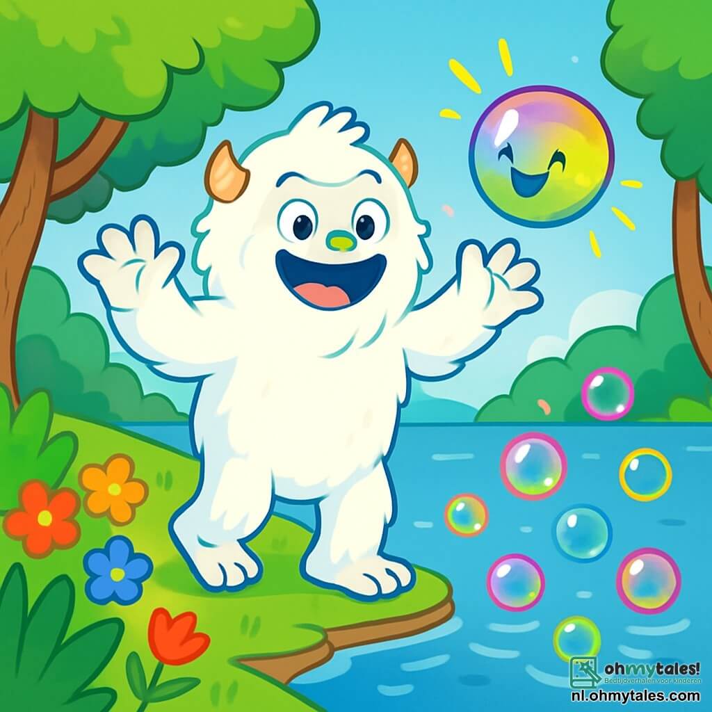 Een blije Yeti met stralend witte vacht en nieuwsgierige ogen staat aan de oever van een prachtig meer. Hij heeft een brede glimlach op zijn gezicht en zijn armen zijn omhoog, klaar om in het water te springen. Naast hem zweeft Babbeltje, een kleine kleurrijke luchtbel met een glimlachend gezicht, vrolijk in de lucht en straalt licht uit. Het meer is omringd door grote bomen met heldergroene bladeren, en kleurrijke bloemen sieren de oever. Bellen in alle kleuren stijgen uit het meer op en knappen met blije "plop"-geluiden. De scène straalt een sfeer van geluk en magie uit, terwijl de Yeti en Babbeltje zich voorbereiden op een leuke avontuurlijke samen.
