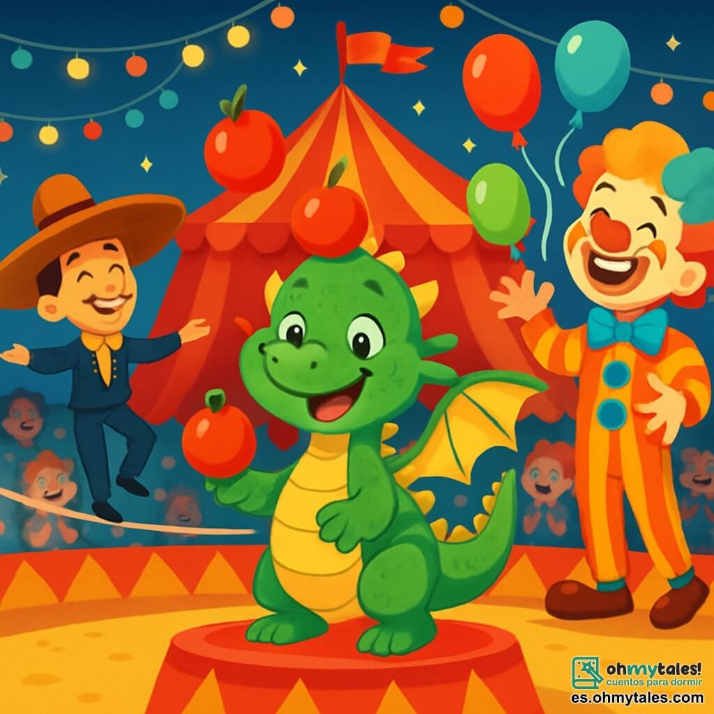 Un pequeño dragón verde llamado Draco, con escamas brillantes y ojos chispeantes de alegría, se encuentra en el centro de una escena de circo. Sonríe ampliamente, con las alas desplegadas, listo para hacer reír al público con sus torpezas. A su derecha, un payaso alegre con nariz roja y cabello colorido, vestido con un traje a rayas, ríe lanzando globos multicolores al aire. A su izquierda, un equilibrista elegante, vestido con un traje brillante, camina sobre una cuerda con un gran sombrero, mostrando una sonrisa confiada. El circo está iluminado por luces brillantes y guirnaldas de colores, con una gran carpa a rayas al fondo. Espectadores maravillados, niños y adultos, aplauden y ríen, creando un ambiente festivo. La escena principal muestra a Draco, el pequeño dragón, intentando hacer malabares con manzanas, pero una de ellas rebota en su cabeza, provocando una risa general.