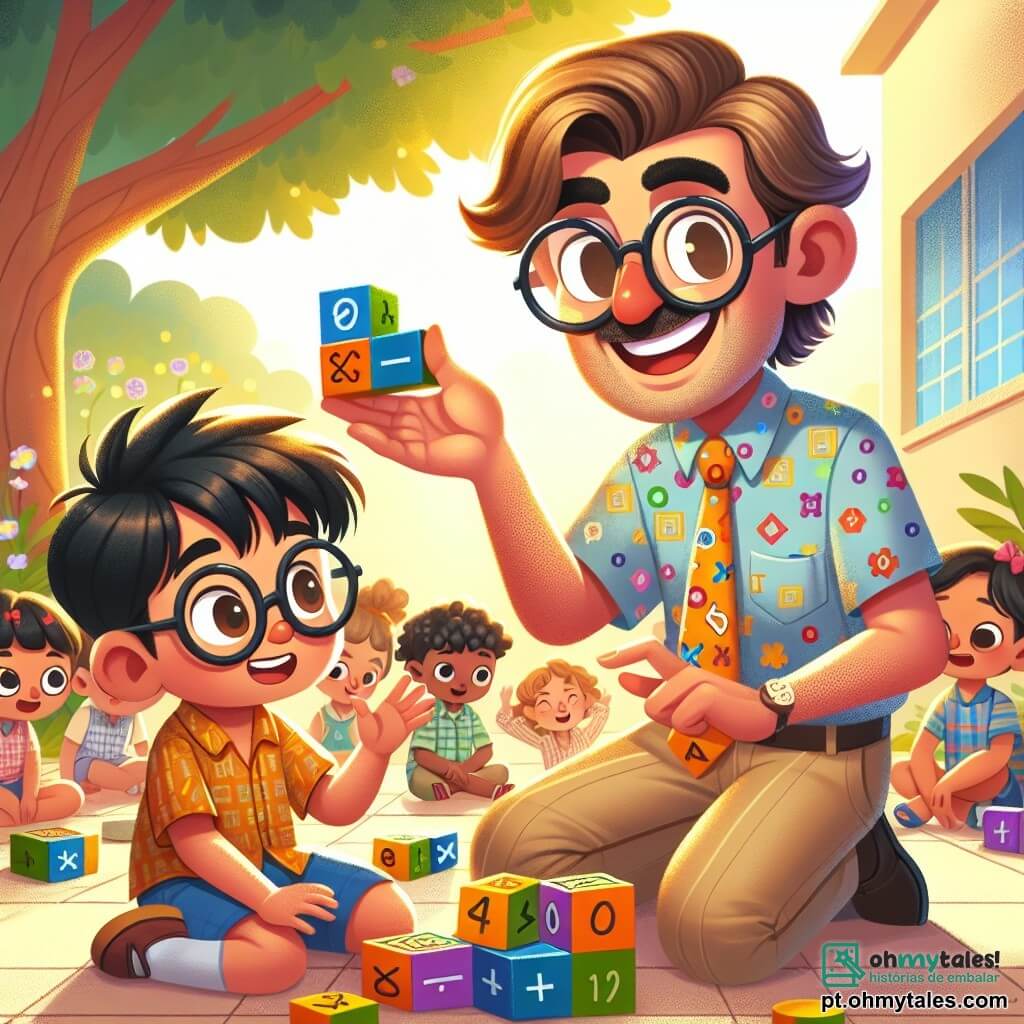 O personagem principal, o professor Carlos, é um homem na casa dos quarenta anos, com cabelos castanhos levemente desgrenhados e óculos redondos que escorregam pelo nariz. Ele usa uma camisa colorida com padrões matemáticos e uma calça bege, exibindo um grande sorriso de orgulho enquanto ajuda um aluno. Miguel, um garoto de 8 anos com cabelos pretos bagunçados e óculos, está sentado no chão, cercado por blocos coloridos. Ele parece concentrado e entusiasmado, levantando a mão para responder a uma pergunta. O local da cena é o pátio da escola, banhado por uma luz dourada, com árvores verdejantes ao fundo e flores vibrantes que acrescentam cor. Crianças brincam ao redor, criando uma atmosfera alegre e animada. A situação principal mostra o professor Carlos e Miguel em plena atividade, usando blocos para resolver problemas matemáticos, enquanto outras crianças os observam com curiosidade e admiração, ilustrando o espírito de aprendizado e camaradagem.