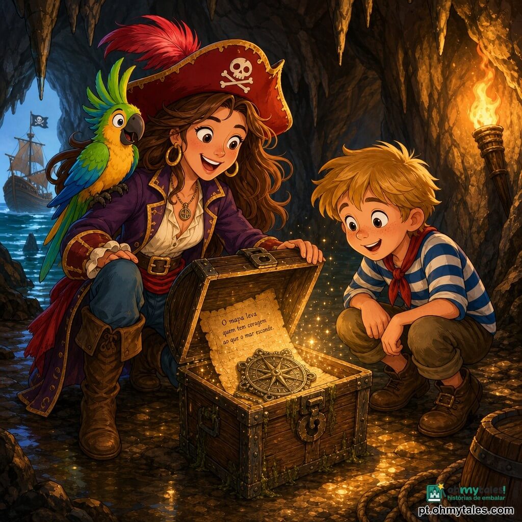 A protagonista é uma mulher, a capitã Marina, sorridente com olhos brilhantes e cabelos longos castanhos ao vento, vestida como pirata colorida com um grande chapéu com pena vermelha; ajoelhada abrindo um velho baú de madeira. João, um menino de cerca de 10 anos, rosto redondo e curioso, cabelo curto loiro e camisa listrada, está à direita da capitã com as mãos nos joelhos olhando o tesouro. Um papagaio colorido verde, azul e amarelo pousa no ombro esquerdo da capitã. A cena passa-se numa grande caverna úmida com estalactites finas e chão de pedra molhada, iluminada por uma tocha quente que projeta sombras dançantes. No centro, o baú aberto revela um pergaminho antigo e um símbolo metálico envelhecido, com partículas de poeira dourada flutuando na luz. Ambiente de aventura alegre e mágico, cores quentes e contrastantes, estilo infantil com traços nítidos e formas arredondadas.