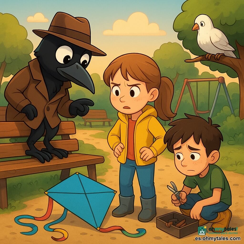 Un cuervo detective antropomórfico llamado Lupa, plumaje negro brillante y ojos grandes y traviesos, expresión concentrada y amable, posado en el borde de un banco de madera agrietado, inclinando la cabeza y señalando con el pico una cometa azul con cintas multicolores en el suelo; Vera, una niña de unos 9 años con coleta y mejillas sonrojadas, manos pegajosas de zumo, de pie junto a la cometa con mirada entre enfadada y aliviada, ropa colorida (chaqueta amarilla y vaqueros); Simón, un niño flaco de pelo alborotado, botas de lluvia amarillas embarradas, arrodillado en un refugio de arbustos a la derecha, con tijeritas en la mano y una caja de herramientas abierta; Nube, la paloma blanca de plumaje esponjoso, posada en una rama baja sobre el refugio, mirada curiosa y una pluma caída junto a un charco; fondo: parque con tobogán metálico, columpios en movimiento, bancos desconchados, fuente de piedra y camino de arena con pequeñas huellas y trozos de cinta azul; escena centrada en el descubrimiento y la reparación de la cometa al atardecer, colores saturados y contrastados, composición triangular entre los tres personajes y detalles nítidos (vetas de la madera, textura de las plumas, costura de la cometa, gotas de barro).