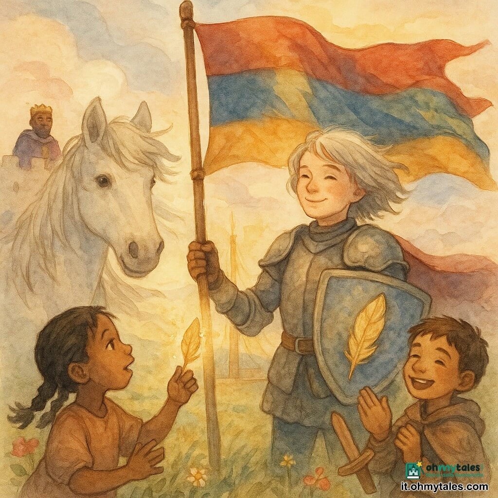 Un giovane cavaliere, Sir Enea, sorridente e sereno, tiene saldamente un grande vessillo tricolore rosso-blu-oro; indossa un'armatura consumata, capelli argentati medio-lunghi mossi dal vento e una piuma dorata fissata al centro dello scudo. Un cavallo bianco robusto, Valore, è alla sua sinistra con la criniera al vento e sguardo dolce. Davanti, una bambina di 6 anni con treccine brune tende la mano verso la piuma dorata, mentre un ragazzino di circa 8 anni in mantello da villano applaude gioioso tenendo una spada di legno. In un balcone lontano del castello il re anziano con corta barba osserva fiero. La scena si svolge su una vasta pianura ventosa coperta di erba e fiori selvatici, al centro un antico pennone con fili d'oro che brillano e nuvole basse in un cielo pastello; il cavaliere issa il vessillo in cima al pennone, il vento gonfia il tessuto, la piuma scintilla, i volti dei bambini si illuminano e l'atmosfera è calda e trionfante.