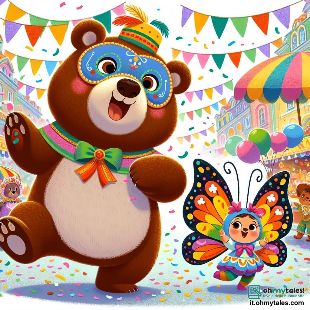 Un grande orso bruno, di nome Bruno, con un pelo morbido e occhi scintillanti di curiosità, balla gioiosamente in mezzo a una strada colorata, indossando un costume festivo dai colori vivaci e una maschera blu. Accanto a lui, una piccola farfalla di nome Lella, con ali multicolori e un sorriso radioso, vola attorno a lui, piena di entusiasmo e gioia. Lo scenario è una strada animata del carnevale, decorata con ghirlande di fiori, palloni fluttuanti e bancarelle di dolci, dove i bambini ridono e si divertono. Bruno e Lella stanno celebrando la magia del carnevale, circondati da coriandoli colorati che cadono dal cielo, creando un'atmosfera festosa e gioiosa.