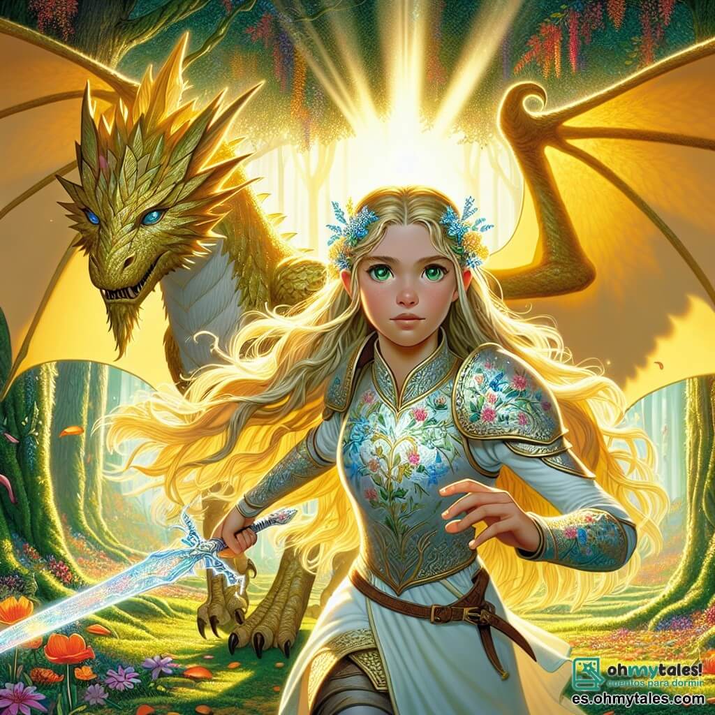 En el centro de la imagen se encuentra Lyra, una joven guerrera de unos 16 años, con largos cabellos dorados que brillan al sol. Sus ojos verdes destilan determinación y coraje, mientras empuña una espada reluciente, lista para defender su hogar. Su armadura ligera, adornada con motivos florales, refleja la magia de la Selva de Eldoria, y su expresión muestra valentía y esperanza. A su lado, Eldrin, un majestuoso dragón de escamas doradas, despliega sus grandes alas. Sus ojos azules profundos expresan sabiduría y protección, observando la escena con atención benevolente, listo para intervenir si es necesario. Al fondo, la Selva de Eldoria se extiende, con árboles majestuosos y flores coloridas que bailan al viento. La situación principal muestra a Lyra de pie con orgullo frente a una sombra amenazante, un hechicero malvado envuelto en una capa negra, con ojos rojos brillantes de malicia. La tensión es palpable, mientras la luz de la Llama de la Esperanza brilla en la mano de Lyra, lista para enfrentar la oscuridad que amenaza su mundo.
