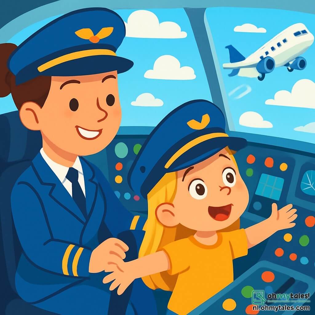 Een glimlachende vrouwelijke piloot met bruin haar in een knot draagt een elegante blauwe pilotenoverall en een pet. Ze zit in de cockpit van een groot vliegtuig, omringd door kleurrijke knoppen en heldere schermen, met een uitdrukking van trots en opwinding op haar gezicht. Naast haar zit een 6-jarig meisje met lang blond haar en sprankelende ogen, dat een te grote pilotenpet draagt. Ze kijkt met verwondering naar de vlieginstrumenten, met open armen alsof ze vliegt. De cockpit is gevuld met licht, met grote ramen die een spectaculair uitzicht bieden op een blauwe lucht met pluizige witte wolken. Het vliegtuig stijgt op, de wielen laten de grond achter zich, terwijl het landschap eronder steeds kleiner wordt. De belangrijkste situatie toont de piloot en het meisje die een magisch moment delen, klaar om op te stijgen naar nieuwe avonturen in de lucht.