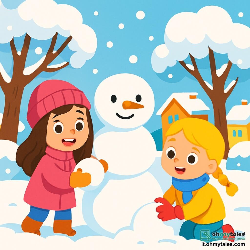 Ci sono 2 personaggi principali: Sofia, una ragazza di 4 anni con lunghi capelli castani e occhi scintillanti, che indossa un cappotto rosa acceso e un berretto di lana, mentre sorride e modella una palla di neve; e Giulia, una ragazza di 4 anni con capelli biondi e trecce, che indossa una sciarpa blu e guanti rossi, intenta a raccogliere neve per costruire il corpo del pupazzo di neve. La scena si svolge in un incantevole giardino invernale, pieno di neve scintillante che brilla al sole, circondato da alberi carichi di neve, con fiocchi che cadono dolcemente da un cielo blu chiaro e case colorate con tetti innevati sullo sfondo. La situazione principale mostra Sofia e Giulia che si divertono a costruire un grande pupazzo di neve, ridendo e scambiandosi palle di neve, creando un'atmosfera gioiosa e festosa.