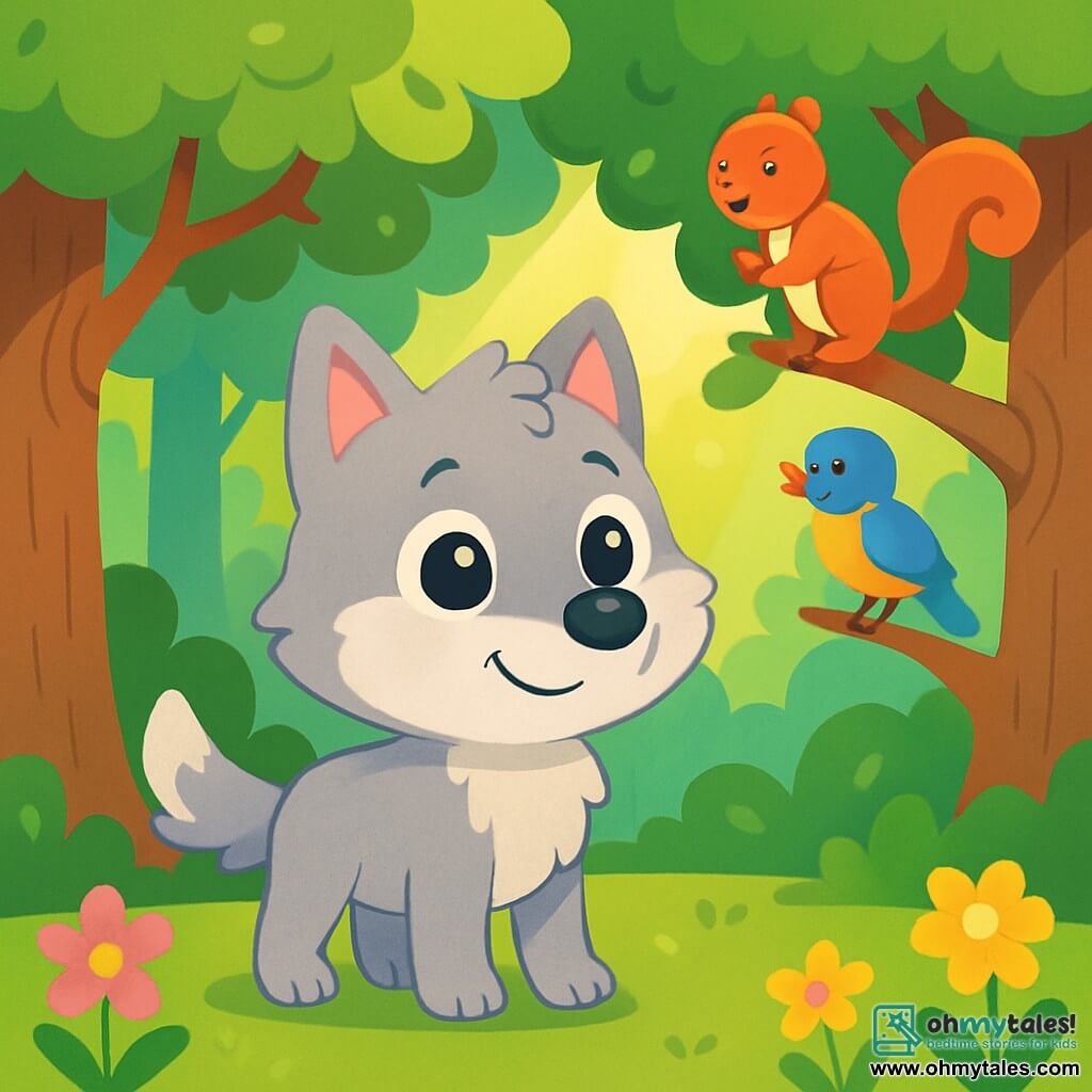 A little wolf named Lupo, with soft, fluffy light gray fur, stands in the middle of an enchanted forest. His big, bright eyes, filled with excitement and curiosity, look around with a shy smile. Nearby, a playful squirrel with reddish fur and a bushy tail happily climbs a branch, while a colorful bird with vibrant blue and yellow feathers sings on another branch, adding a touch of magic to the scene. The forest is lush, with majestic trees, thick trunks, and shiny green leaves dancing in the breeze. Colorful pink and yellow flowers dot the ground, and a ray of sunlight breaks through the foliage, illuminating Lupo's face. In this scene, Lupo, ready for his adventure, takes a deep breath, determined to explore the wonders of the forest.