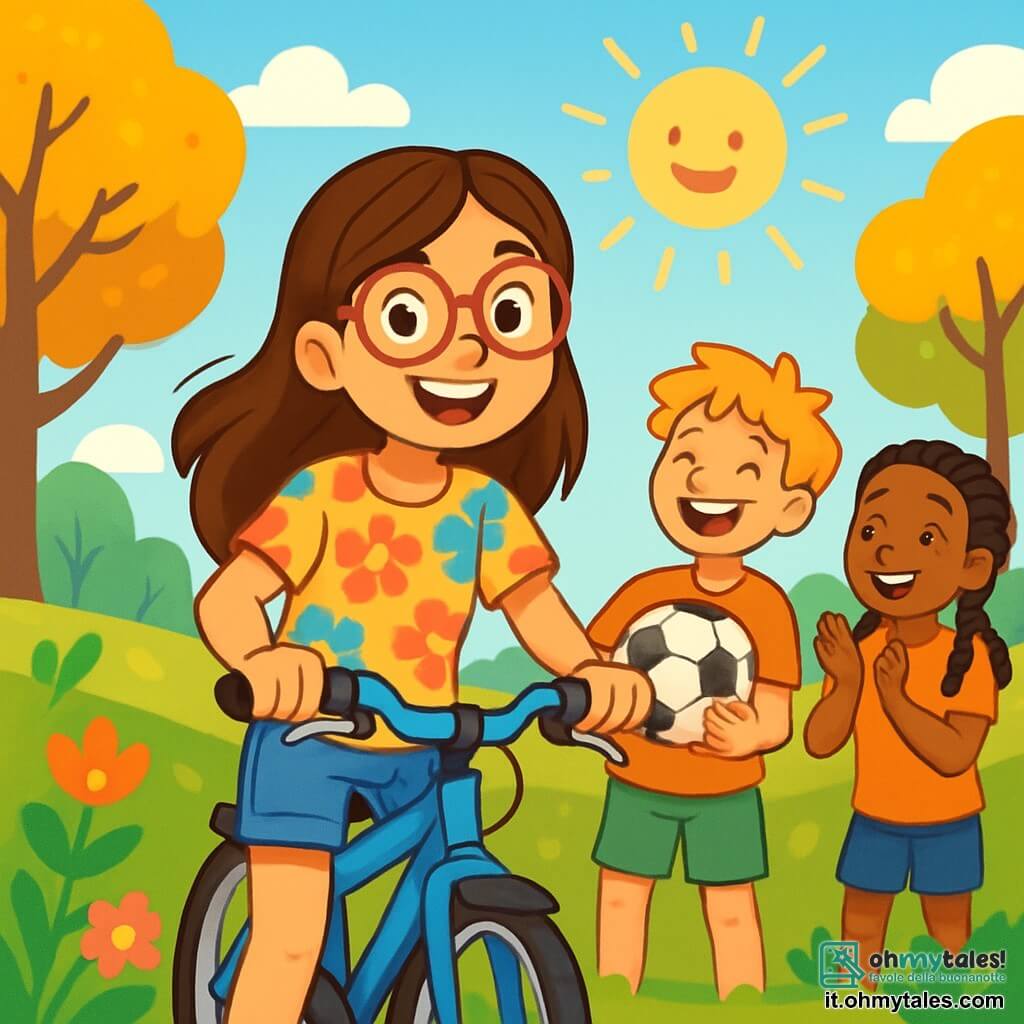 Una ragazza di 12 anni, con lunghi capelli castani e occhiali, sorride felicemente mentre tiene una bicicletta blu. Indossa una maglietta colorata con motivi floreali e un pantaloncino di jeans, i suoi occhi brillano di eccitazione e libertà. Accanto a lei, due amici: un ragazzo di 12 anni con capelli biondi disordinati, che ride mentre tiene un pallone da calcio, e una ragazza di 12 anni con capelli neri intrecciati, che applaude con entusiasmo. Si trovano in un parco verde, circondati da alberi con foglie dorate, fiori colorati e un cielo blu splendente. Il sole brilla, creando ombre dolci sull'erba. La scena principale mostra i tre amici che si divertono insieme, pronti a fare una corsa in bicicletta, con sorrisi radiosi sui loro volti, illustrando la gioia di vivere senza schermi.