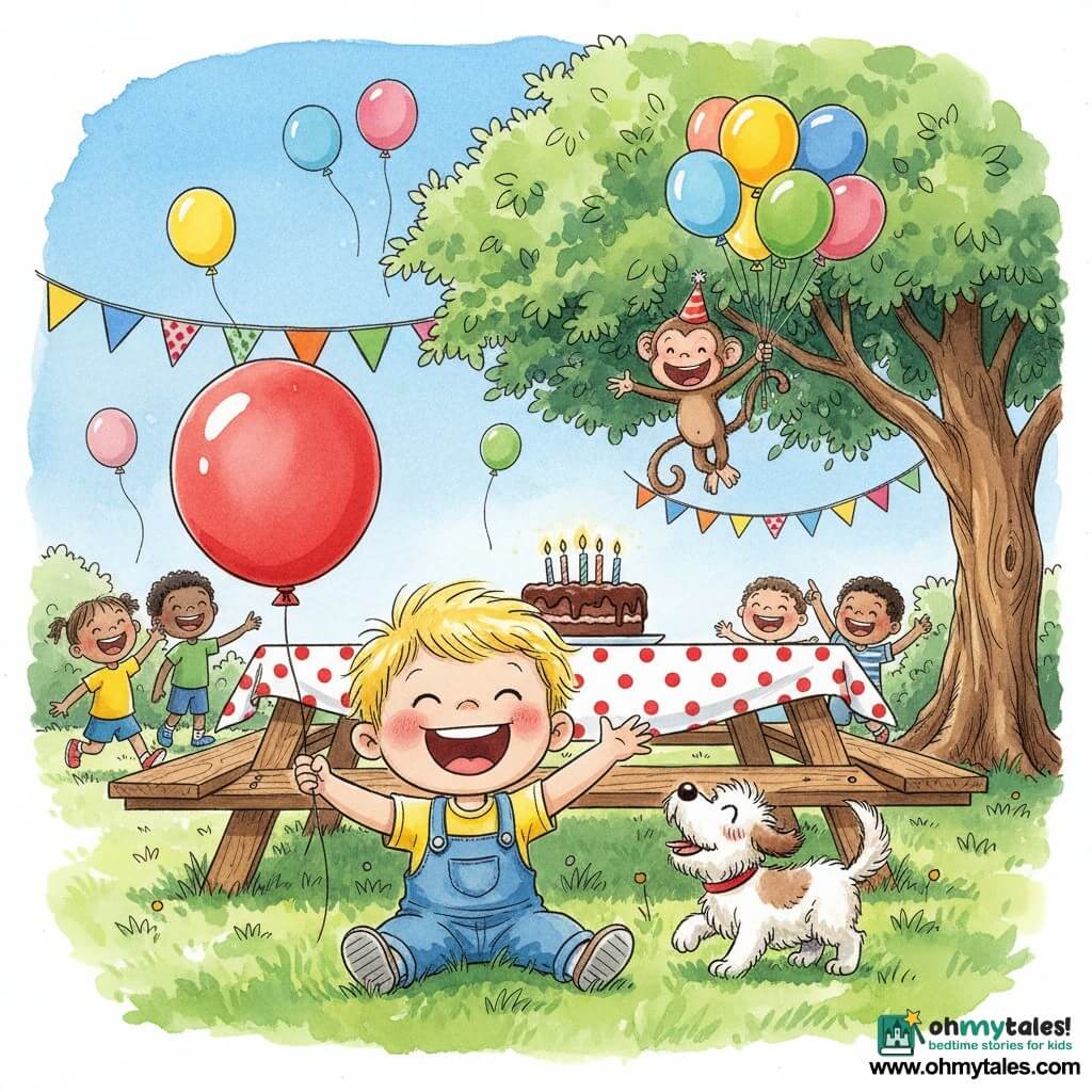 A very happy 2-year-old boy sits on the grass, smiling and laughing while playing with a red ball; he has blond wispy hair, round cheeks, and colorful clothes (yellow t-shirt, blue overalls). To his right a small dog named Lucy, white with brown spots, wags her tail and barks joyfully. Behind them a playful, mischievous monkey named Timmy wears a red hat, holds a bunch of multicolored balloons and swings from a tree branch. The scene is a sunny garden with green grass, a large wooden table with a polka-dot cloth, a chocolate cake with candles, garlands and floating balloons; the main situation is an outdoor birthday party with children and animals laughing and balloons flying, the boy’s bright smile centered. Style: fine ink lines, vivid colors, soft textures, simple readable composition for a 2-year-old.
