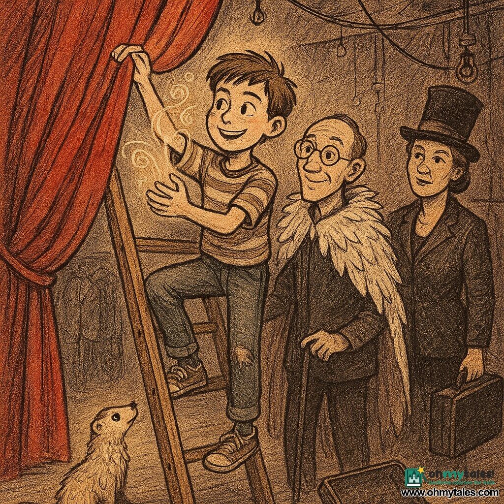 Milo, a smiling but focused 12-year-old with mischievous eyes, stands on a wooden ladder in a striped t-shirt, worn jeans and sneakers, reaching to hang the last curtain hook; behind him Mr. Puddlewick, a thin ~50-year-old man with round glasses and a rumpled feathered cape, steadies the ladder with one hand and holds a prop case in the other, while Aunt Rina, a 45–55-year-old woman in a top hat and sequined jacket, watches from the wings with an affectionate sternness; a small feathered ferret plays by an open suitcase in the foreground; the large red curtain fills the background—thick, gathered fabric with visible metal hooks and a partially rolled shiny section—set in the back of a circus tent with hanging ropes, metal pulleys, warm filament lamps, and dusty wooden floor; delicate translucent spiral sparks float around Milo’s hands suggesting quiet magic; palette of deep reds, warm ochres, gold accents and white feathers; contrasted lighting, soft shadowing; slightly grainy press-style illustration with hatching and texture, close dynamic composition centered on Milo and the curtain.