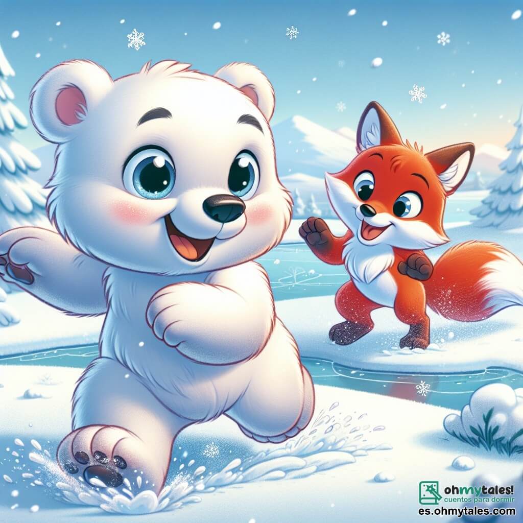 Un pequeño oso polar, Osito, con un pelaje blanco y suave, grandes ojos redondos y brillantes, salta de alegría en la nieve fresca, su sonrisa iluminando su rostro. Está rodeado de copos de nieve que caen suavemente del cielo, creando una atmósfera mágica. A su lado, un zorro de pelaje rojo vivo, Zorrito, con una cola esponjosa y ojos traviesos, ríe mientras lanza bolas de nieve, sus orejas erguidas con emoción. Ambos están en un lago helado, deslizándose y jugando juntos. El paisaje es un hermoso cuadro invernal, con árboles majestuosos cubiertos de nieve, un cielo azul claro salpicado de nubes blancas y montañas lejanas. La escena captura la esencia del invierno, con Osito y Zorrito divirtiéndose juntos, creando recuerdos alegres en un mundo de nieve y hielo.