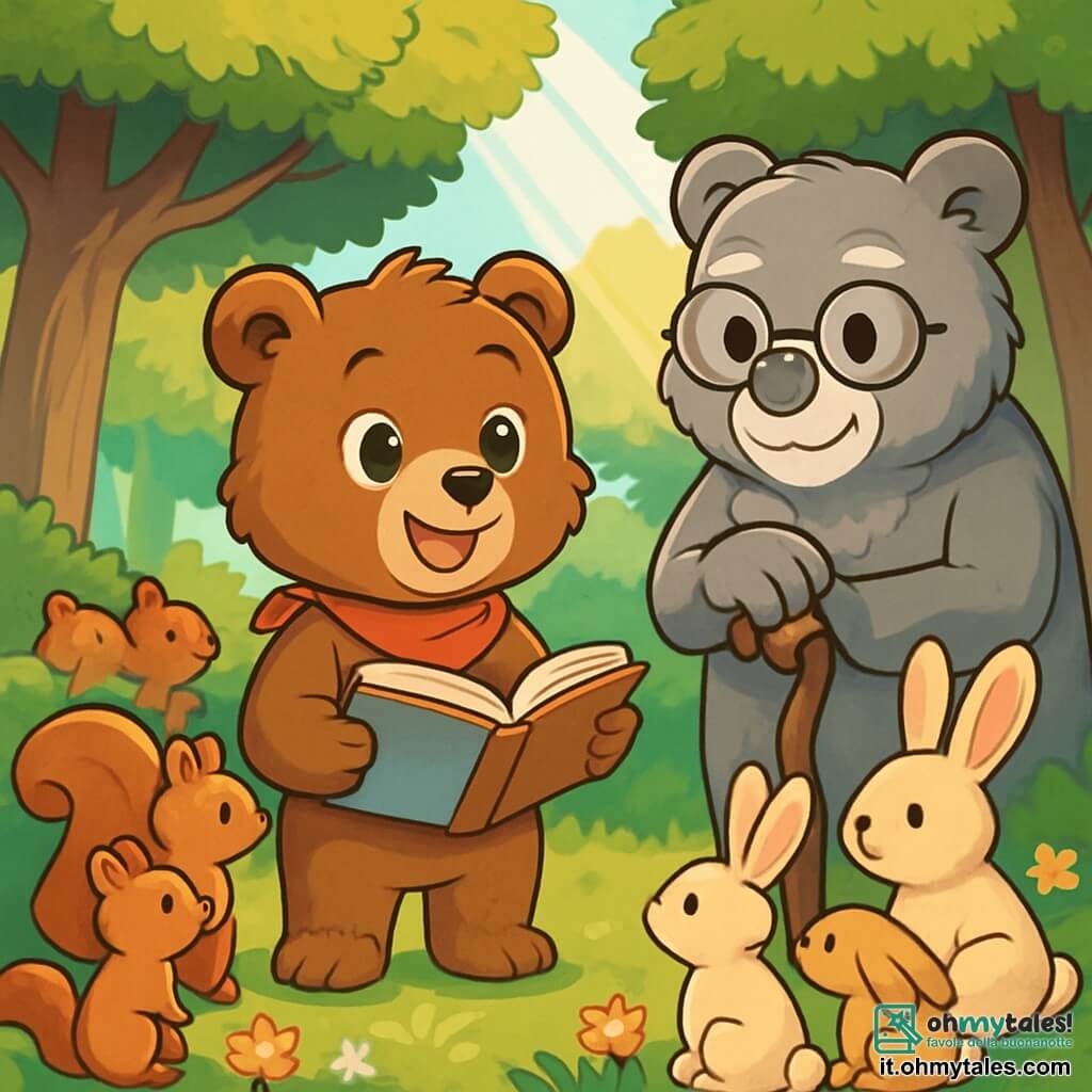 Un giovane orso bruno di nome Paco, con un pelo morbido e setoso, si trova al centro della scena, gli occhi brillanti di eccitazione e determinazione. Indossa un piccolo fazzoletto rosso attorno al collo e tiene un libro aperto tra le zampe, pronto a condividere le sue idee sulla pace. Alla sua destra, un vecchio saggio di nome Anselmo, un orso grigio con occhiali tondi, osserva con un sorriso benevolo, pronto a raccontare una storia. A sinistra, un gruppo di animali della foresta, tra cui scoiattoli e conigli, si raduna attorno a Paco, i volti curiosi e attenti. La scena si svolge in una radura soleggiata, circondata da alberi maestosi e fiori colorati. Paco si prepara a spiegare l'importanza della pace, mentre gli altri animali lo ascoltano con ammirazione, creando un'atmosfera di unità e speranza.