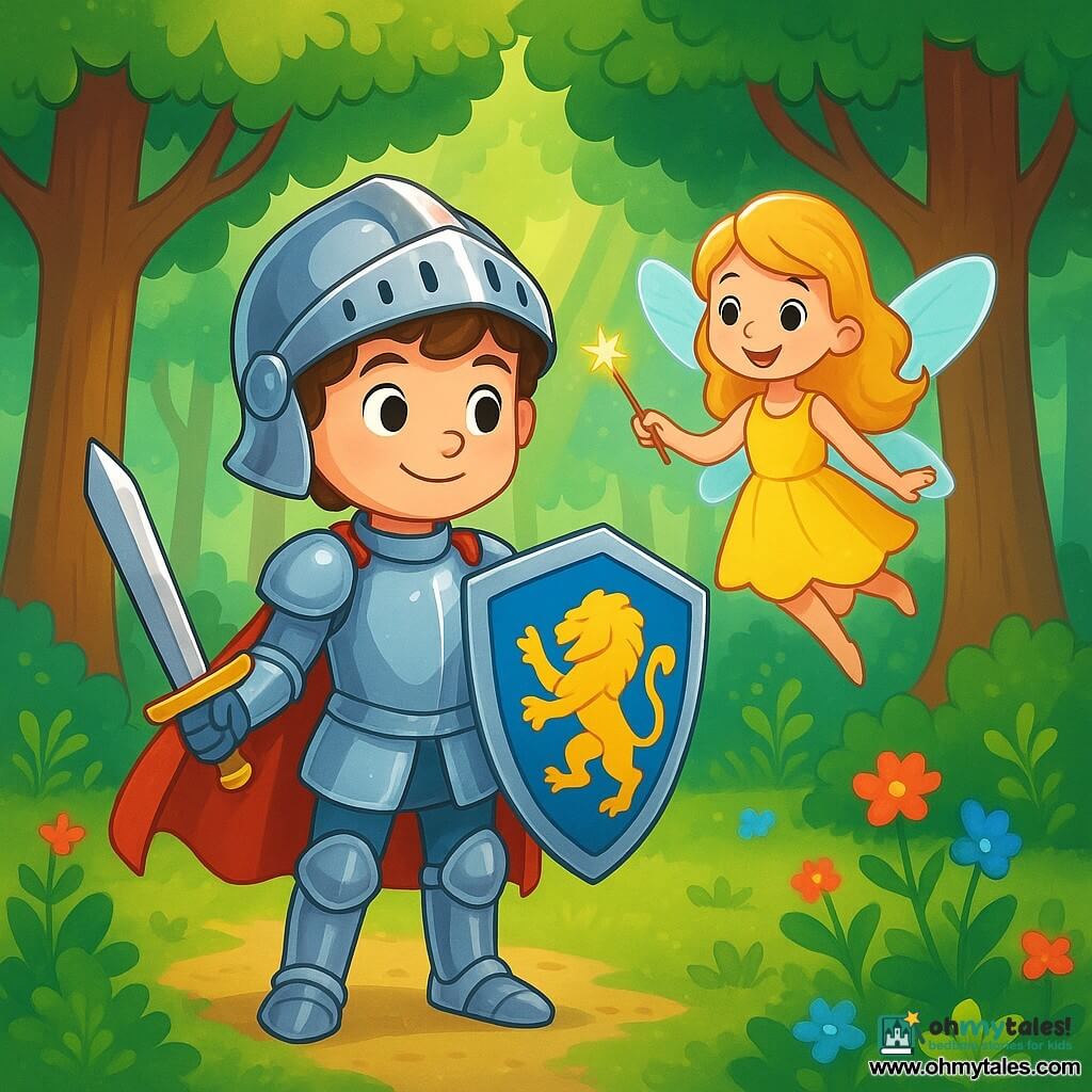 A young knight, Sir Cedric, stands proudly at the center of the image. He is about 10 years old, with curly brown hair peeking out from his shiny silver helmet. His sparkling armor reflects the sunlight, and his blue shield adorned with a golden lion is raised, showing his determination and courage. Next to him, a small fairy named Lila floats in the air. She is around 8 years old, with large translucent wings and golden hair that shines like sunlight. She smiles joyfully, holding a sparkling magic wand, ready to assist Sir Cedric in his quest. The setting is an enchanted forest, with majestic trees and vibrant green leaves. Colorful flowers dot the ground, and rays of light filter through the foliage, creating a magical atmosphere. The main scene shows Sir Cedric and Lila preparing to enter the mysterious forest, determined to find the missing Golden Star. Sir Cedric bravely looks into the forest, while Lila flutters around him, full of enthusiasm and energy.