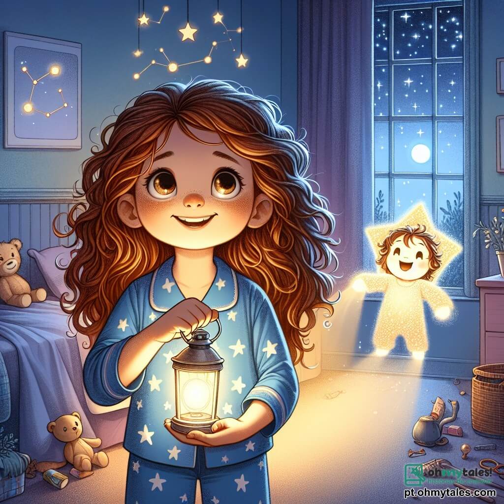 Uma menina de 10 anos, Sofia, está no centro do palco, com grandes olhos brilhantes e um sorriso corajoso. Ela tem cabelos castanhos cacheados que caem sobre os ombros e veste um pijama azul com estrelas brancas. Sofia segura uma pequena lanterna que ilumina seu rosto, revelando uma expressão de determinação e encanto. Ao seu lado, seu amigo imaginário, Lucas, aparece como uma doce luz cintilante, flutuando alegremente ao seu redor. Lucas é representado como uma pequena estrela luminosa com olhos brilhantes, criando uma atmosfera mágica. O cenário é um quarto infantil acolhedor, com paredes pintadas de azul pastel, pôsteres de constelações pendurados e brinquedos espalhados pelo chão. Uma janela aberta revela um céu estrelado, onde a lua brilha intensamente, adicionando um toque de mistério à cena. A situação principal mostra Sofia, com sua lanterna, pronta para explorar a escuridão de seu quarto, transformando seu medo em aventura. Ela olha ao redor com curiosidade, enquanto Lucas a encoraja a descobrir as maravilhas escondidas na noite.